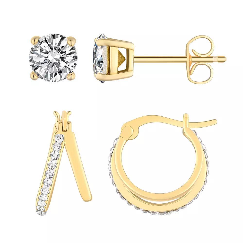 Chrystina Crystal 2 Pair Stud & Split Hoop Earring Set, Women's, Silver Tone Product Image
