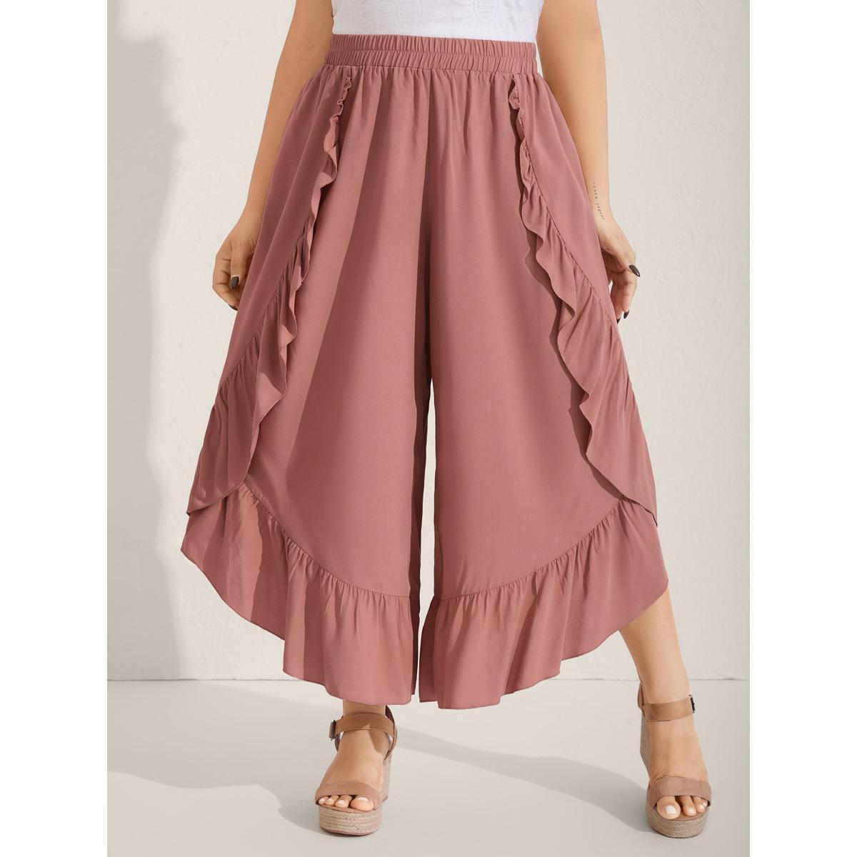 Plus Size Lotus Leaf Edge Solid Wide-Leg Pants Women Rouge Resort Wide Leg Mid Rise Vacation Pants BloomChic 18-20/2X Product Image