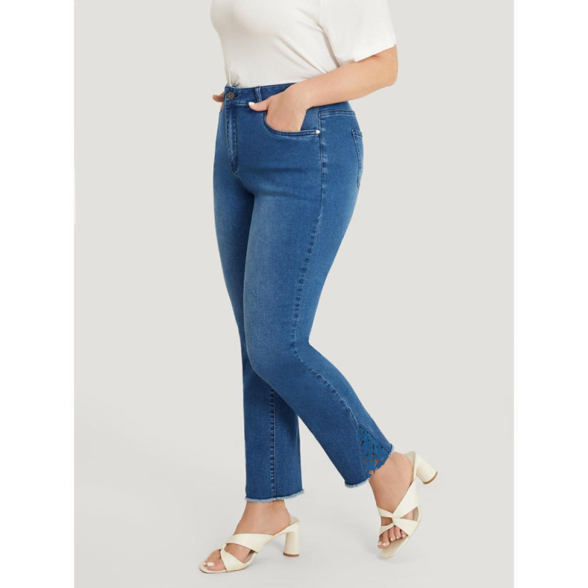 Plus Size Very Stretchy High Rise Medium Wash Lace Insert Raw Hem Jeans Women Indigo Casual Plain Patchwork High stretch Side seam pocket Jeans BloomChic 22/3X Product Image