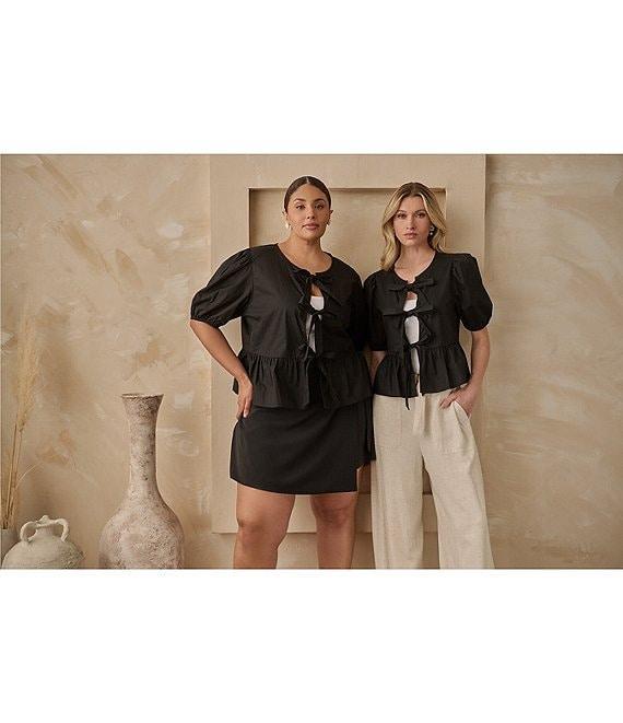 Sugarlips Tie Front Short Puff Sleeve Peplum Poplin Top Product Image