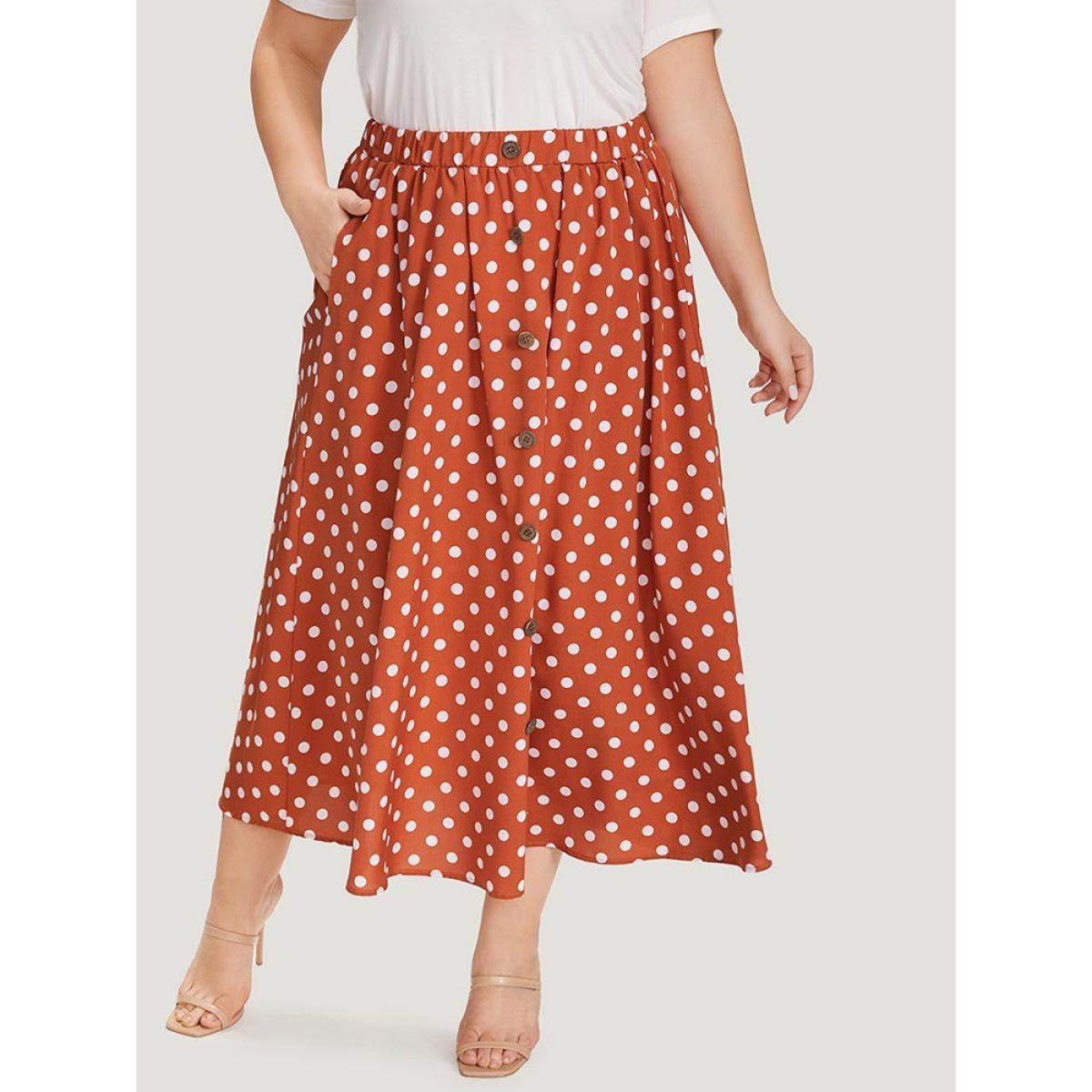 Plus Size Polka Dot Pocket Button Detail Ruffle Hem Skirt Women Coral Elegant Button No stretch Pocket Dailywear Skirts BloomChic 30/6X Product Image