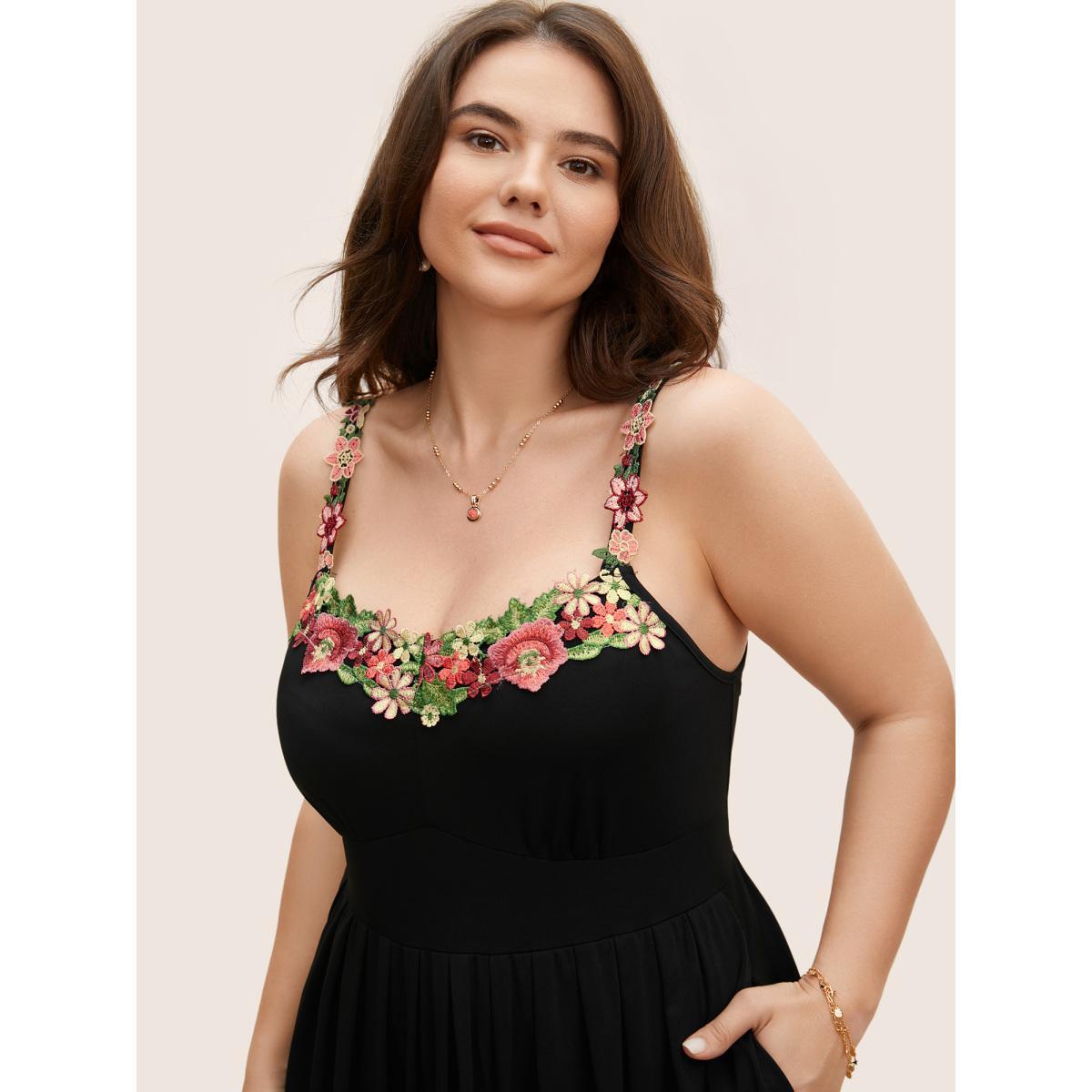 Plus Size Floral Embroidered Pocket Midi Cami Dress Black Women Elegant Embroidered Heart neckline Sleeveless Curvy BloomChic 14-16/1X Product Image