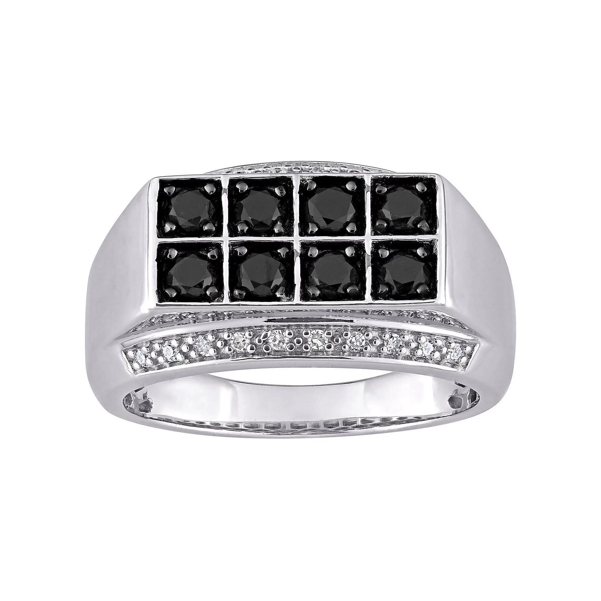 Stella Grace Men's Sterling Silver 1 Carat T.W Black & White Diamond Double Row Ring, Size: 9 Product Image