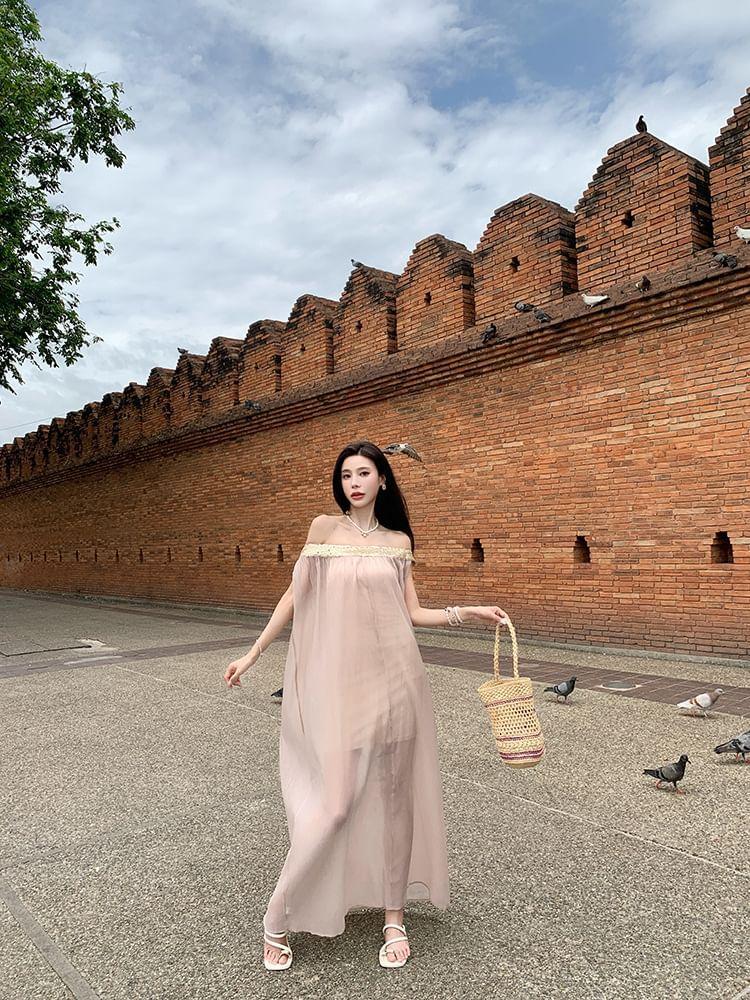 Off-Shoulder Sequin Panel Sheer Maxi Tunic Dress Product Image
