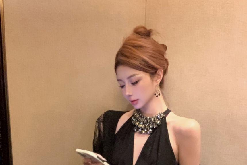 Halter V-Neck Plain Rhinestone Mini A-Line Dress / Lace Scarf Product Image