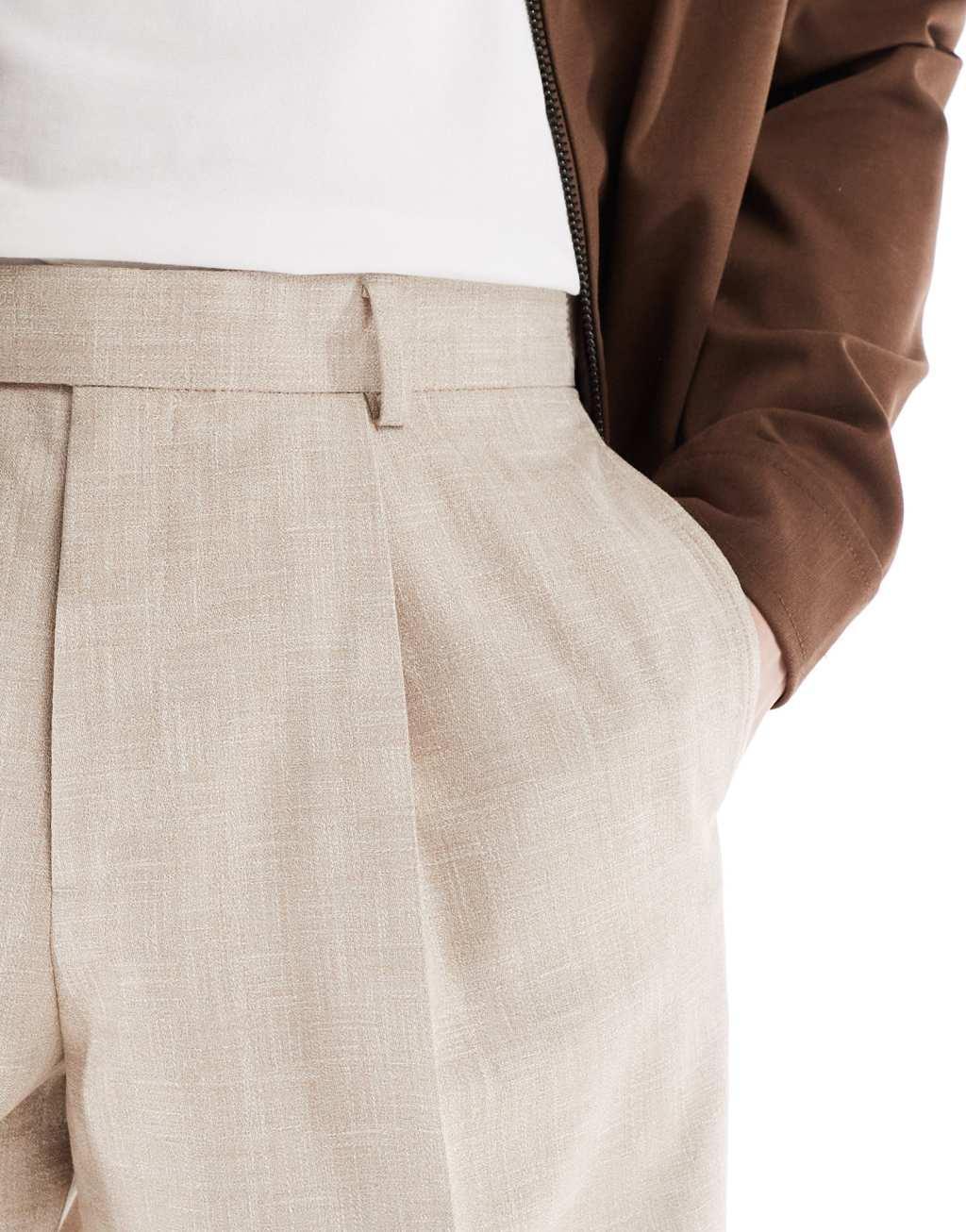 ASOS DESIGN smart wide leg jacquard pants in stone with front pleat Product Image