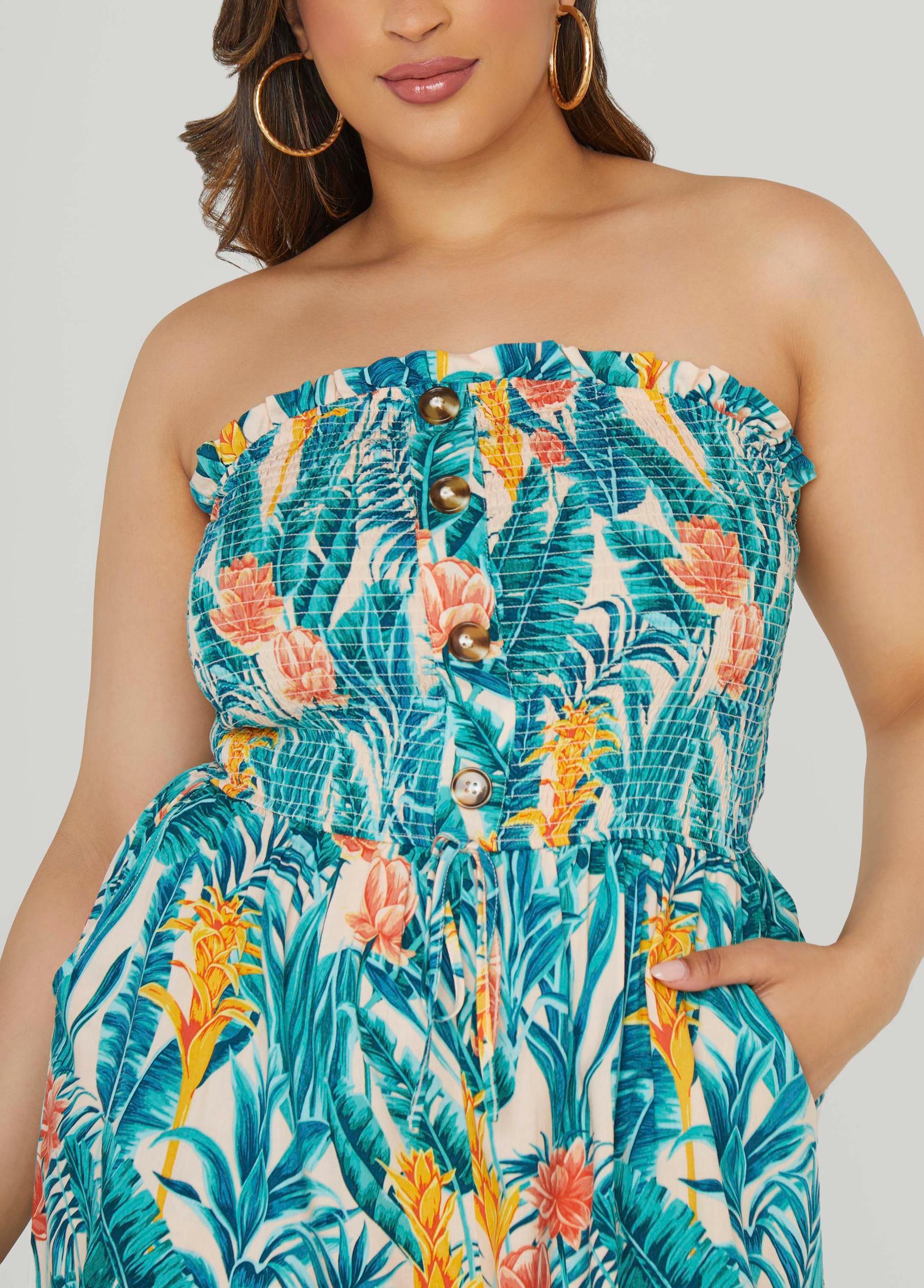 Strapless Tropical Print Romper Product Image