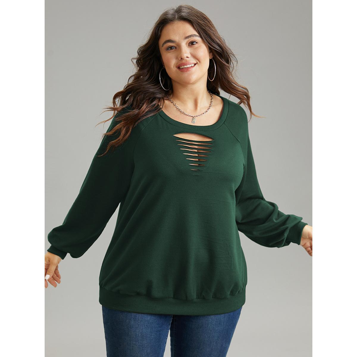 Plus Size Solid Rib Knit Cut Out Raglan Sleeve Sweatshirt Women Green Casual Rib Knit Keyhole Cut-Out Everyday Sweatshirts BloomChic 14-16/1X Product Image