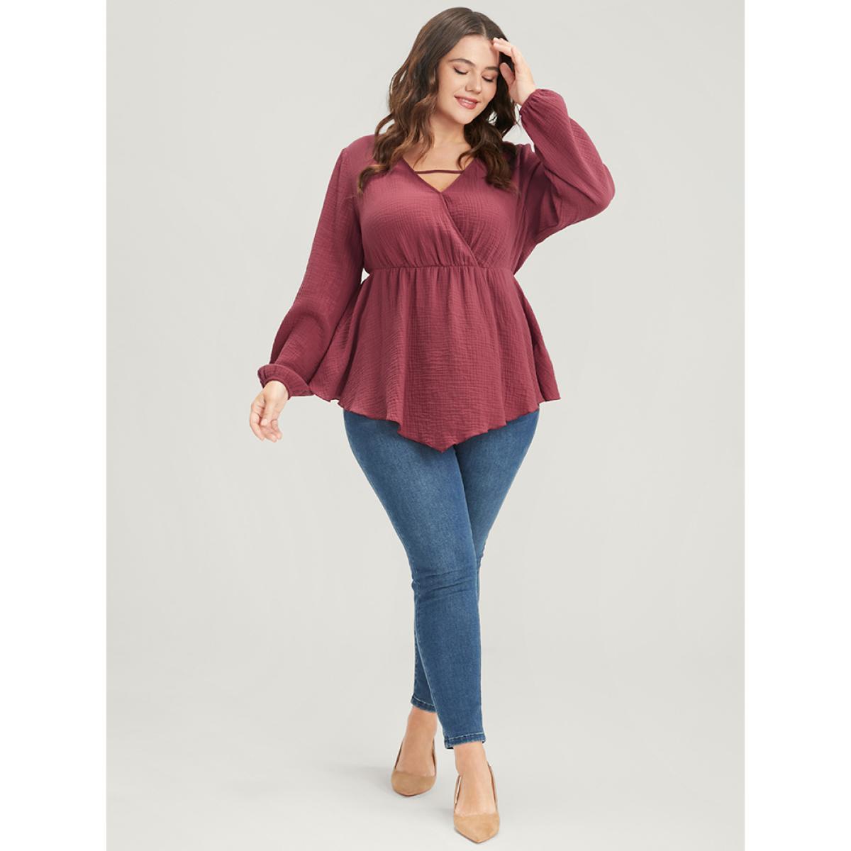 Plus Size Russet Solid Lantern Sleeve Asymmetrical Hem Wrap Blouse Women Elegant Long Sleeve V-neck Dailywear Blouses BloomChic 10/M Product Image