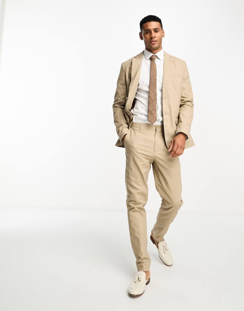 Only & Sons slim fit linen mix suit jacket in beige Product Image