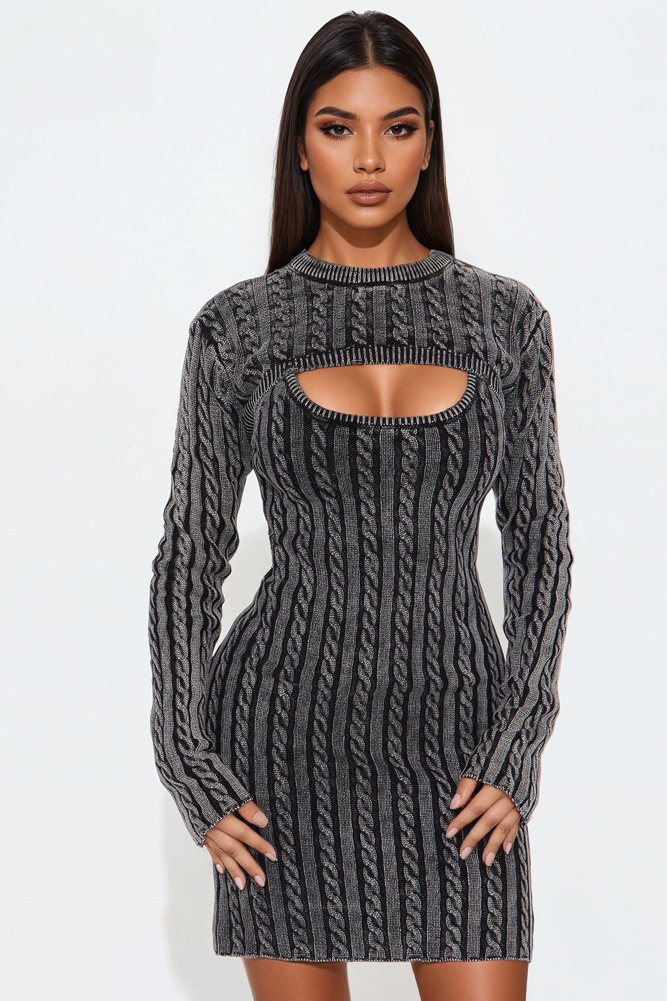 Cable Knit Mini Dress Set - Black Product Image