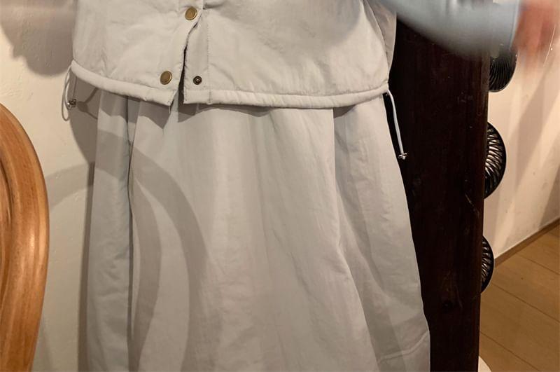 Long-Sleeve Mock Neck Plain Slim Fit T-Shirt / Padded Button Vest / Elastic Waist Midi A-Line Skirt Product Image