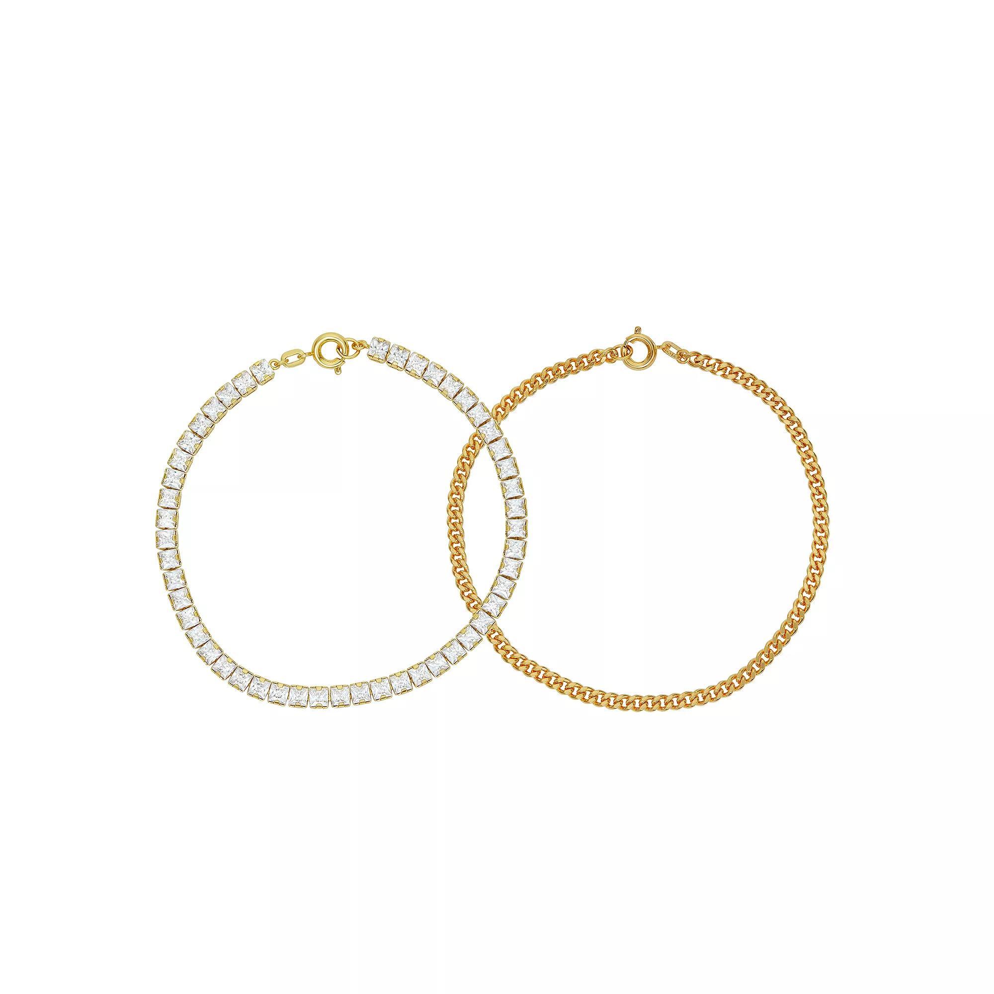 Sarafina Two-Tone Cubic Zirconia Tennis Bracelet & Chain Bracelet Set, Women's, Size: 7.5", Gold Tone Product Image
