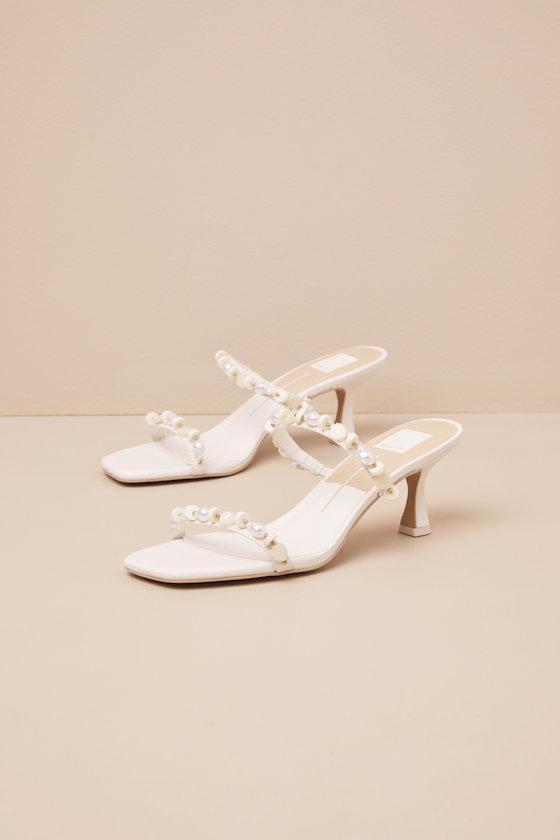 Grason White Leather Pearl Beaded High Heel Slide Sandals Product Image