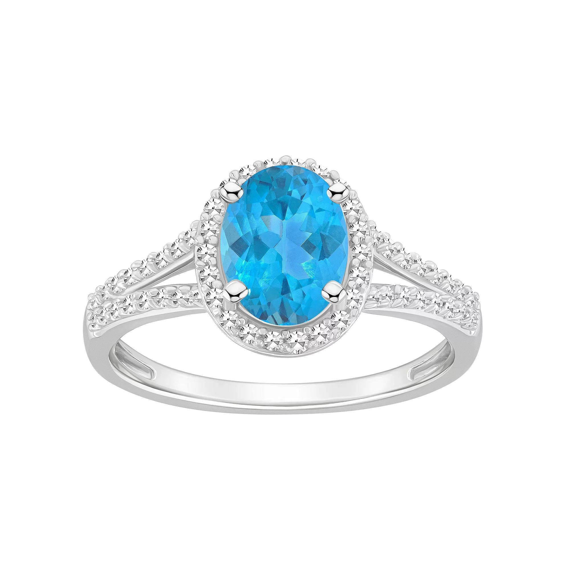 Celebration Gems Sterling Silver Gemstone & 1/4 Carat T.W. Diamond Halo Ring, Women's, Size: 5, Blue Topaz Product Image