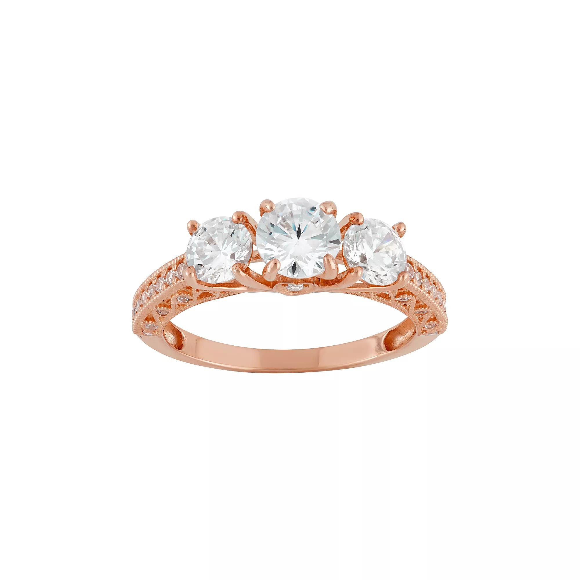 Designs by Gioelli Cubic Zirconia 3-Stone Engagement Ring in 10k Rose Gold, Women's, Size: 7, White Product Image