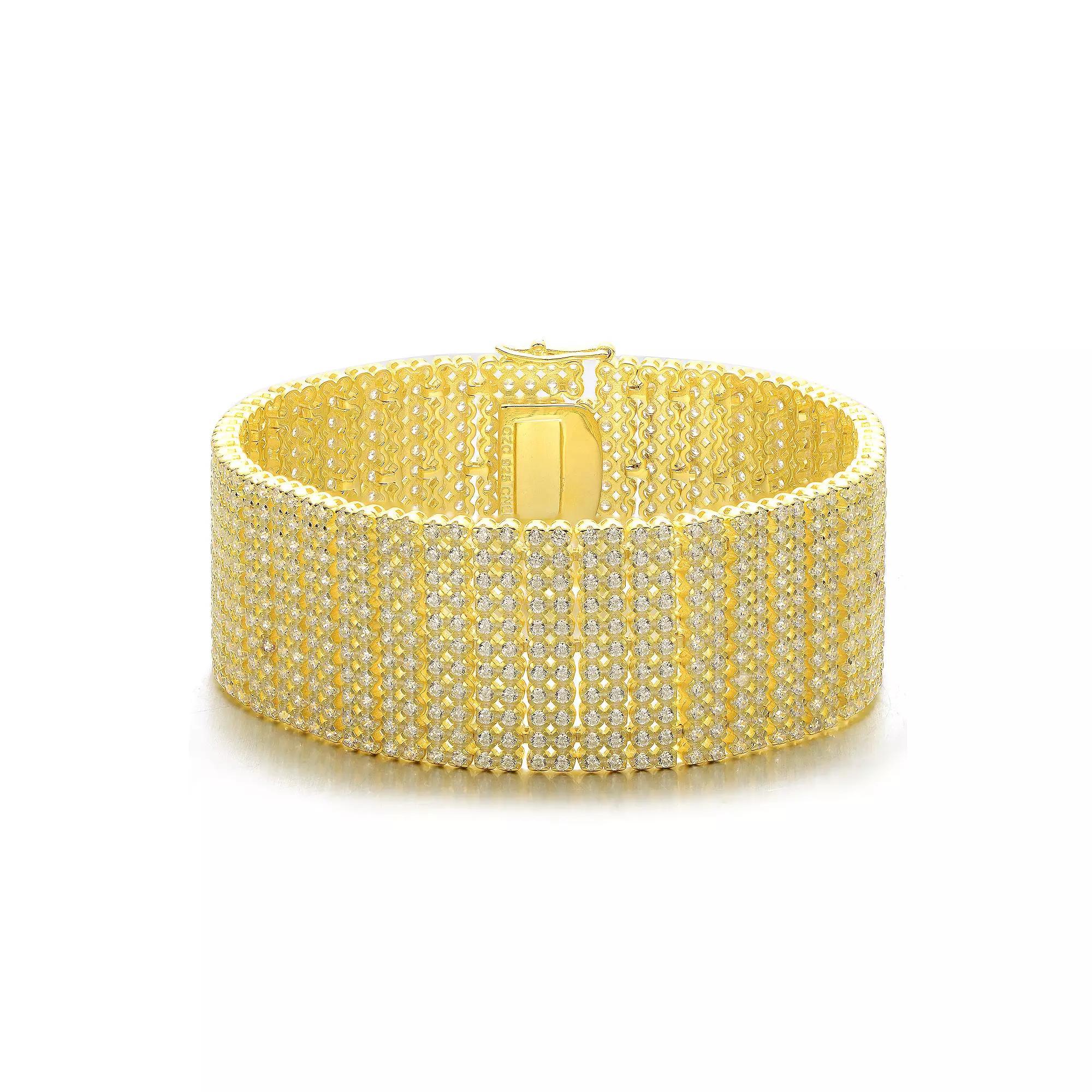 Sterling Silver 14k Gold-Plated Cubic Zirconia Wide Mesh Cuff Bracelet, Women's, Size: 7.25", Gold Tone Product Image