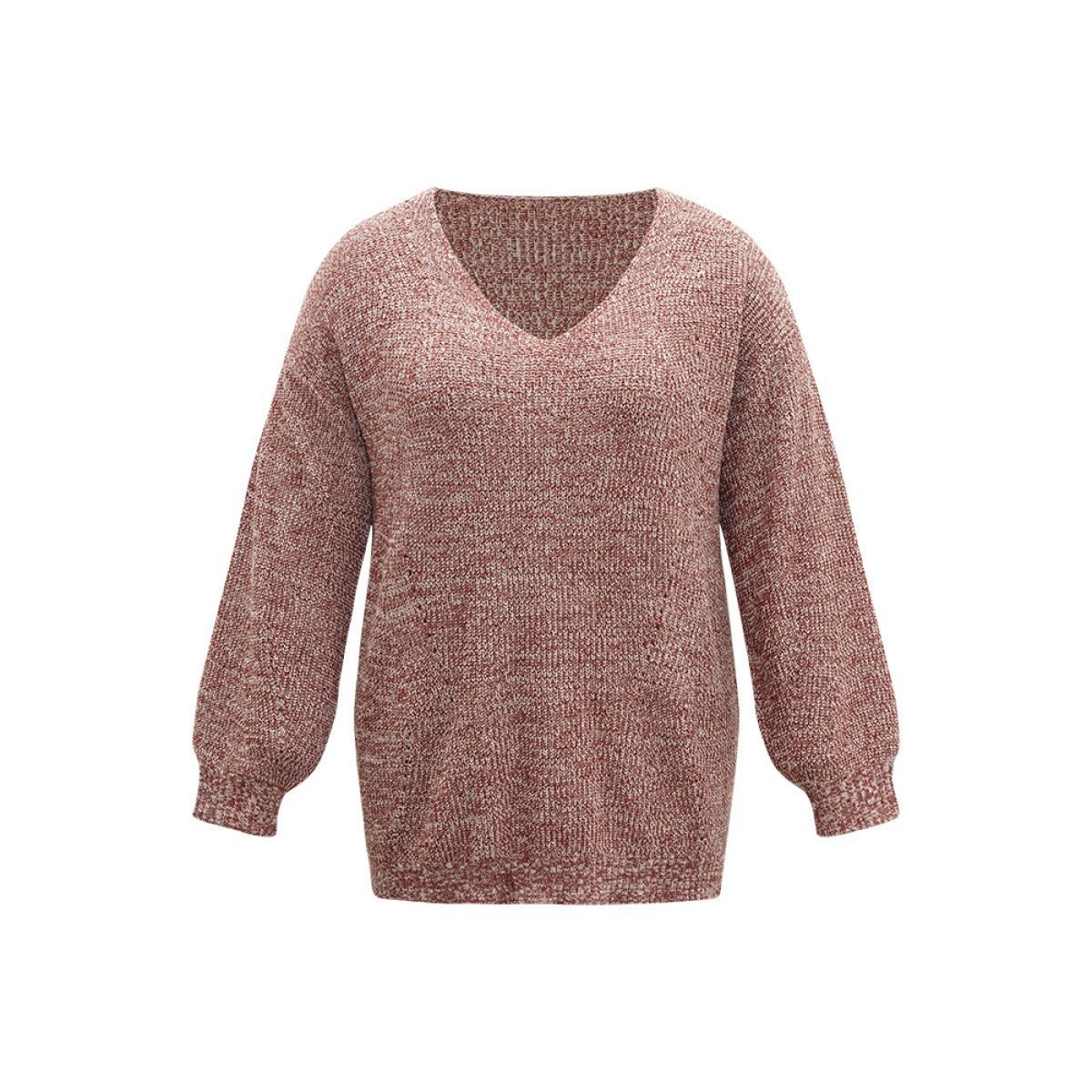 Plus Size Elastic Hem Lantern Sleeve V Neck Pullover Rust Women Casual Loose Long Sleeve V-neck Dailywear Pullovers BloomChic 14-16/1X Product Image
