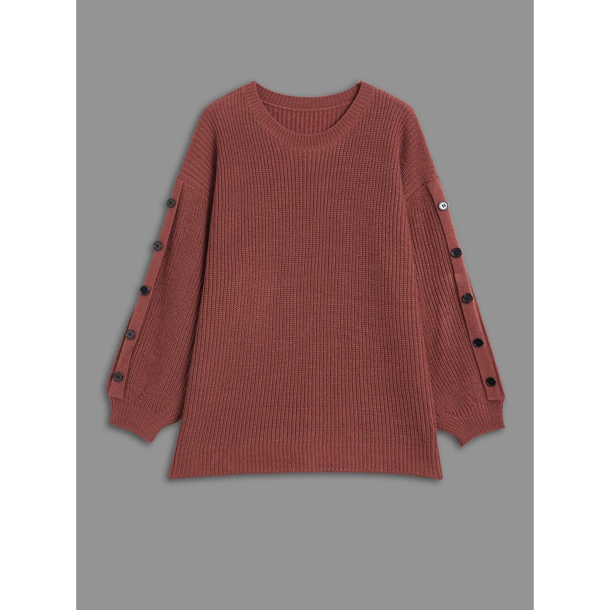 Plus Size Textured Drop Shoulder Button Detailing Pullover Russet Women Casual Loose Long Sleeve Round Neck Everyday Pullovers BloomChic 26/4X Product Image