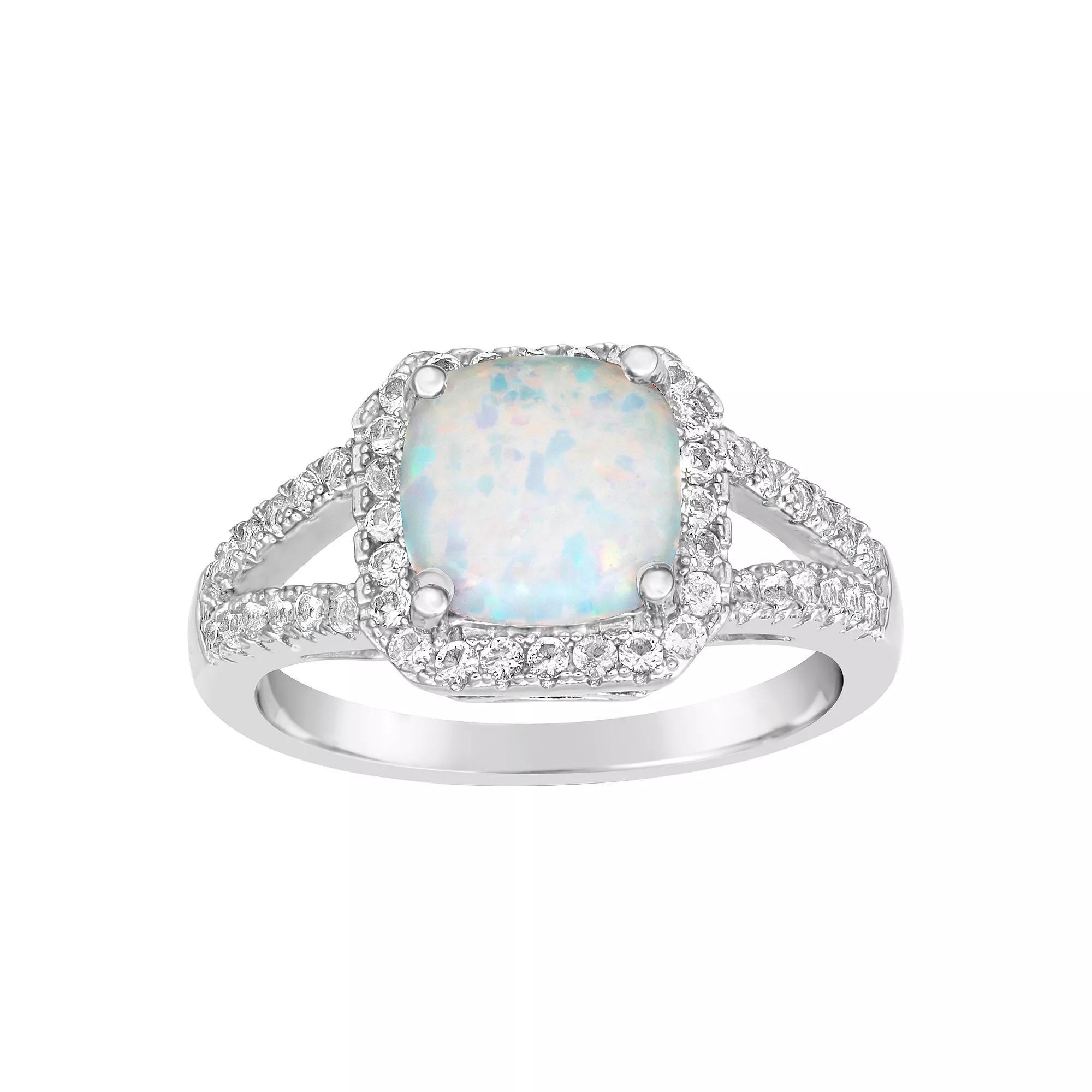 Gemminded Sterling Silver Lab-Created Opal & White Topaz Halo Ring, Women's, Size: 9 Product Image