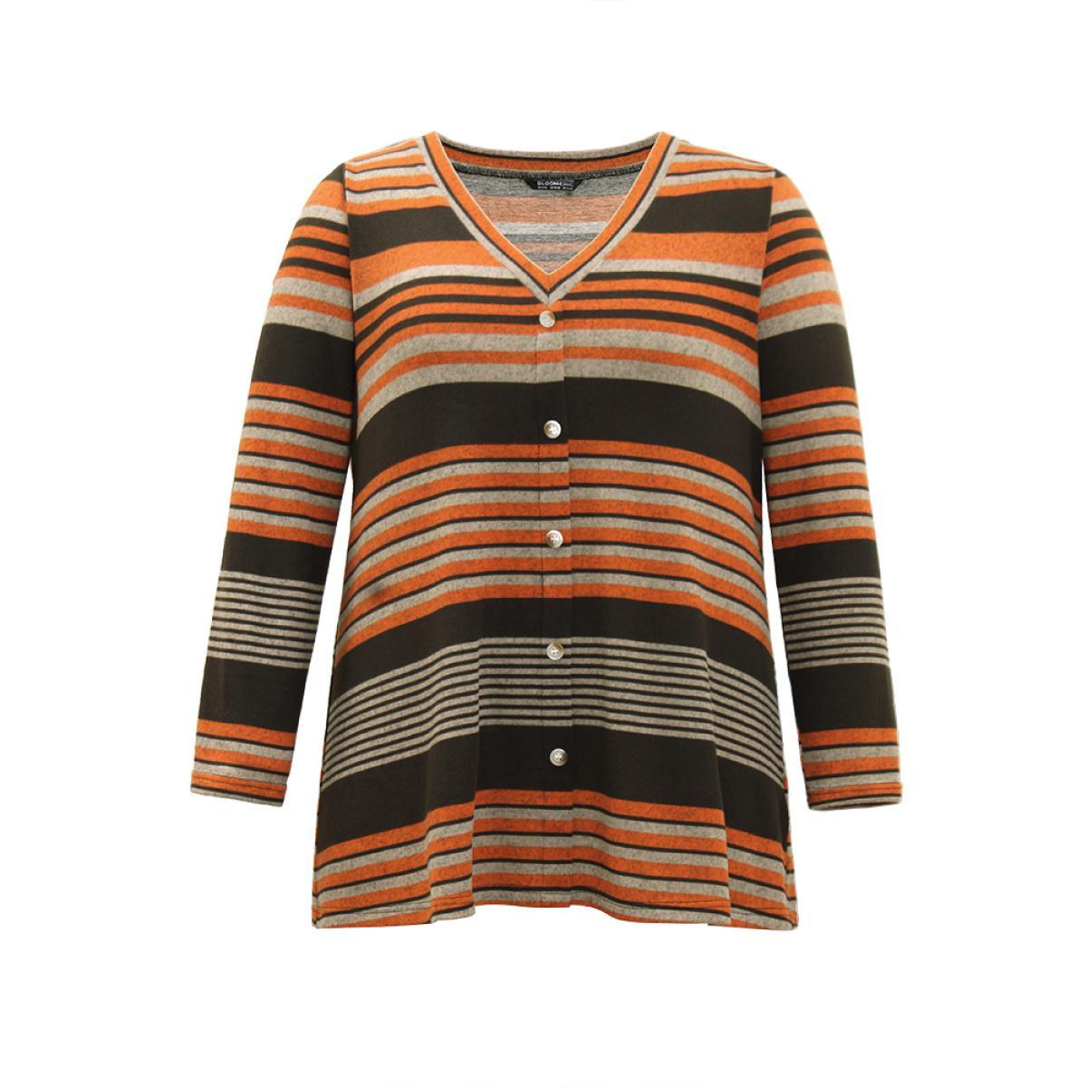 Plus Size Halloween Striped Contrast Button Detail T-shirt Multicolor Women Casual Contrast Striped V-neck Festival-Halloween T-shirts BloomChic 12/L Product Image