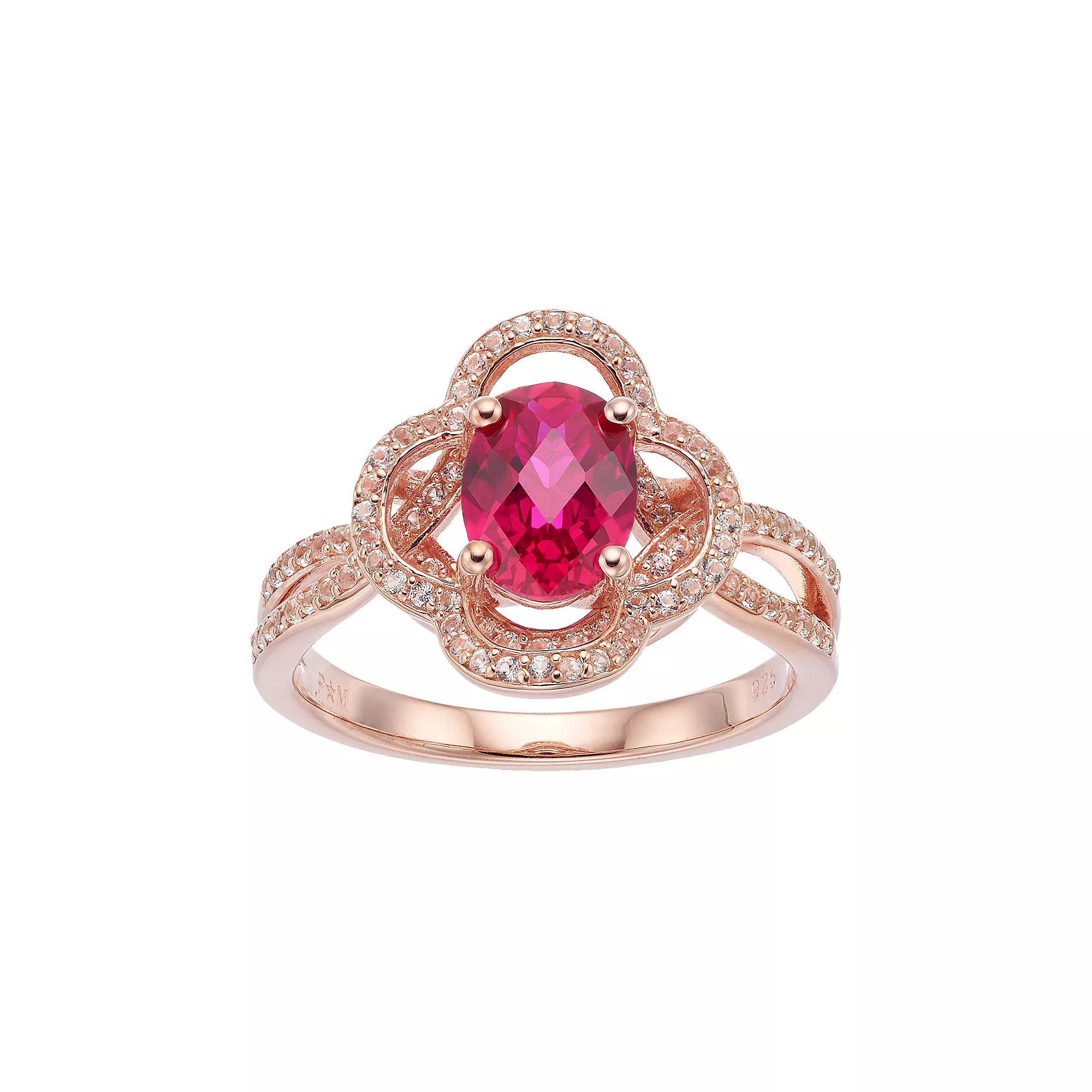 14k Rose Gold Over Silver Lab-Created Ruby & White Sapphire Flower Ring, Women's, Size: 6, Pink Tone Product Image