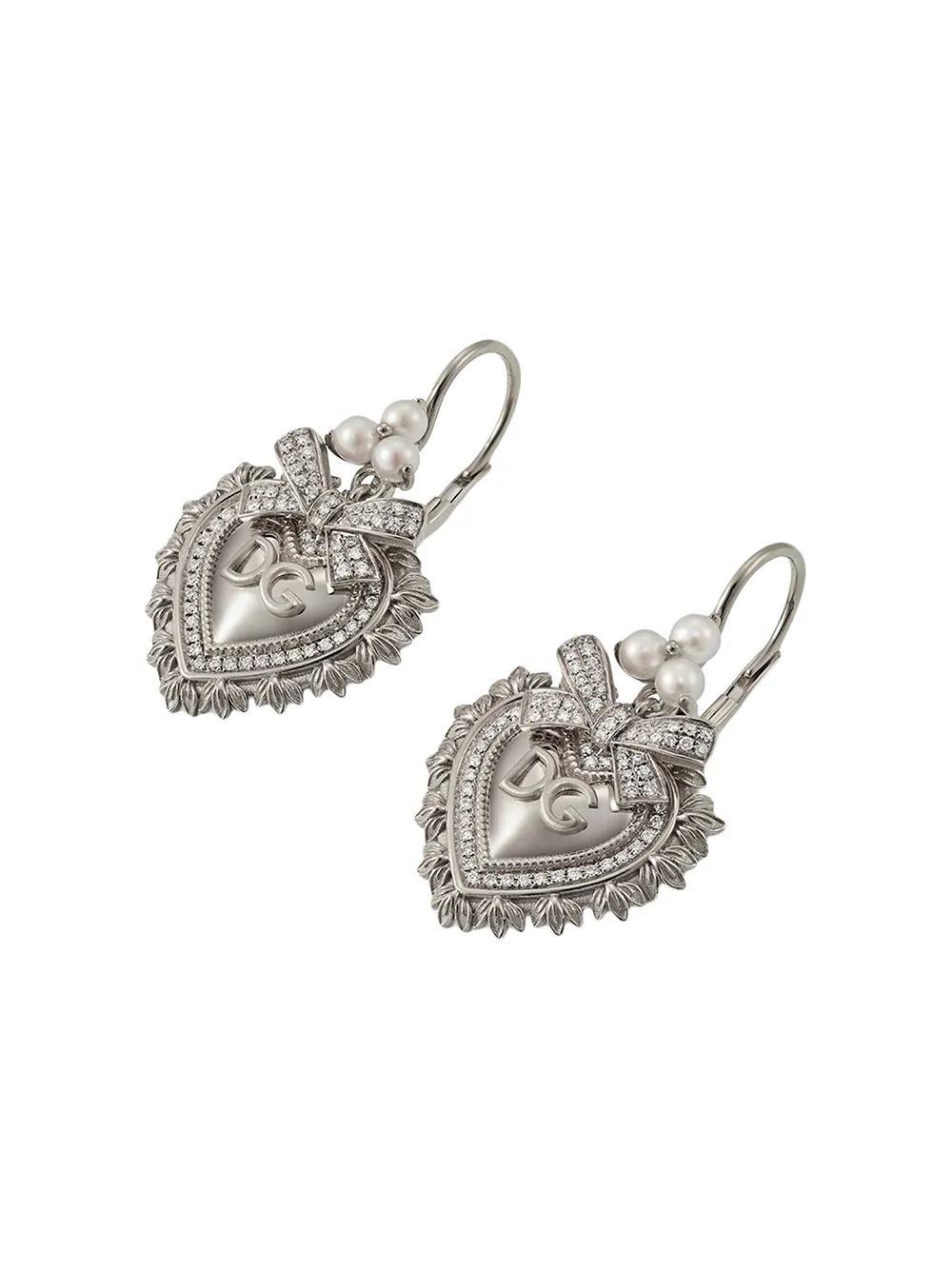 DOLCE & GABBANA 18kt White Gold Devotion Diamond And Pearl Sacred Heart Earrings Product Image