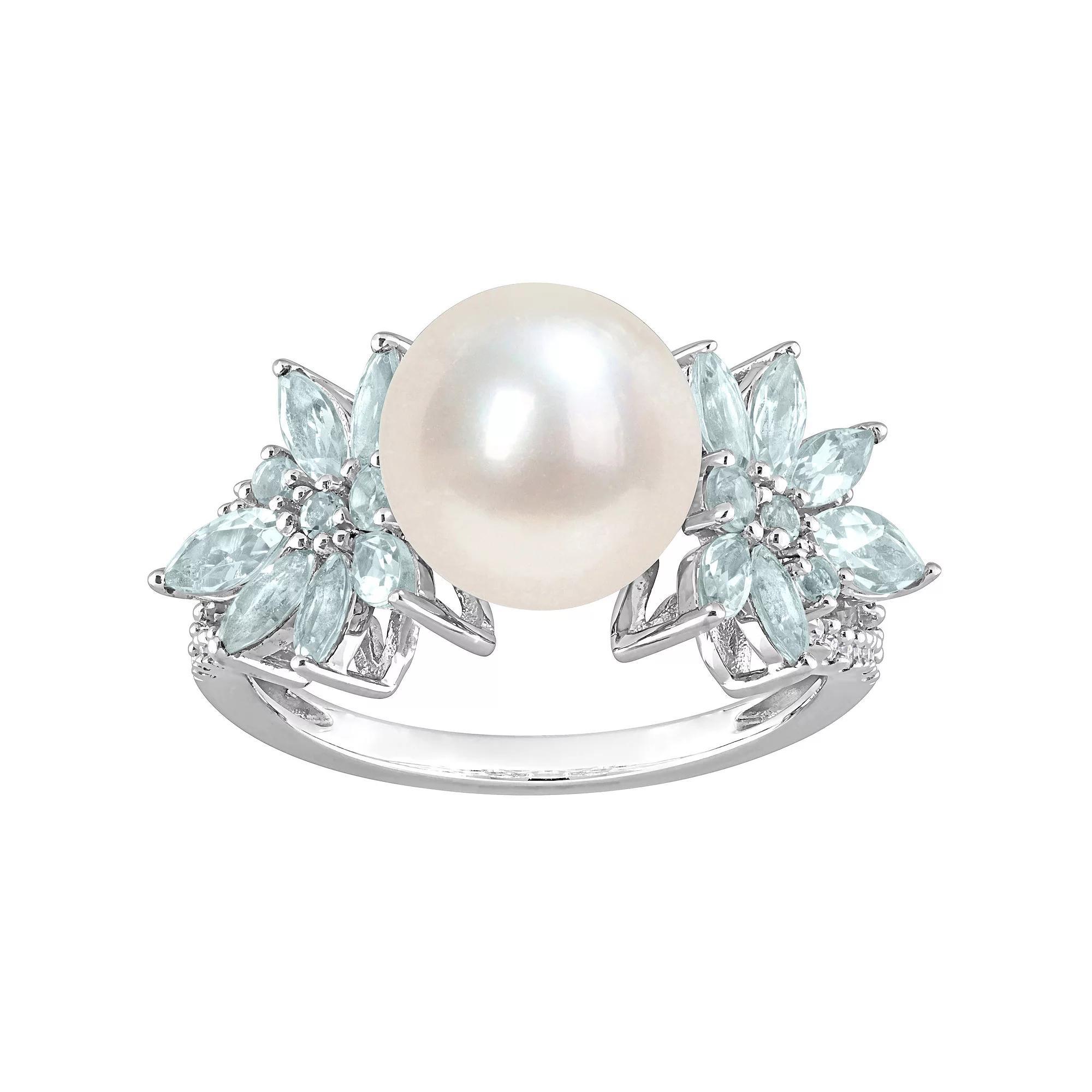 Stella Grace 14k White Gold Freshwater Cultured Pearl, Aquamarine & 1/8 Carat T.W Diamond Flower Ring, Women's Product Image