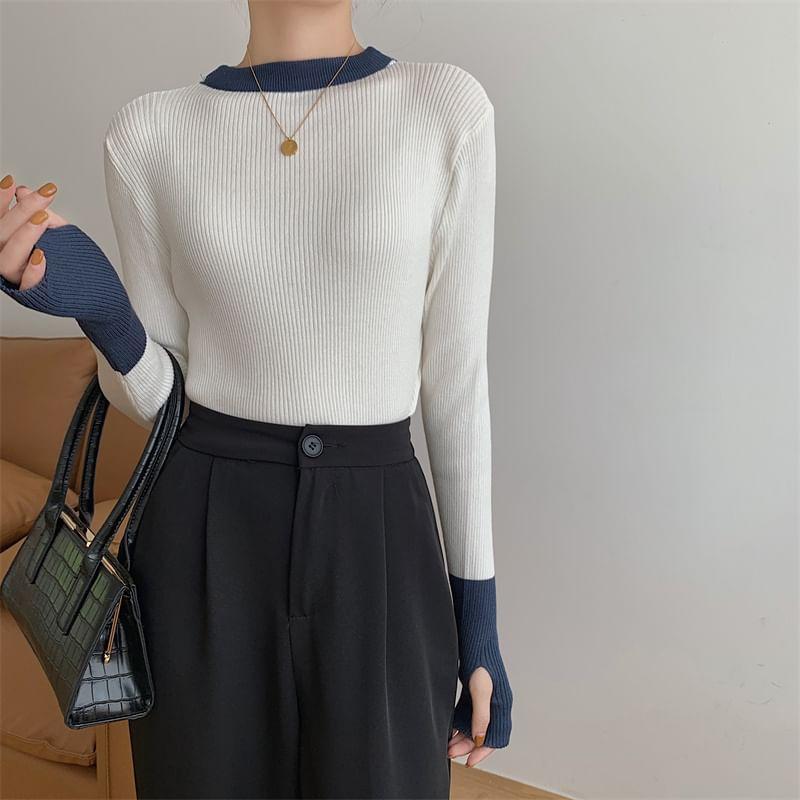 Long-Sleeve Crew Neck Contrast Trim Ribbed Knit Top Product Image