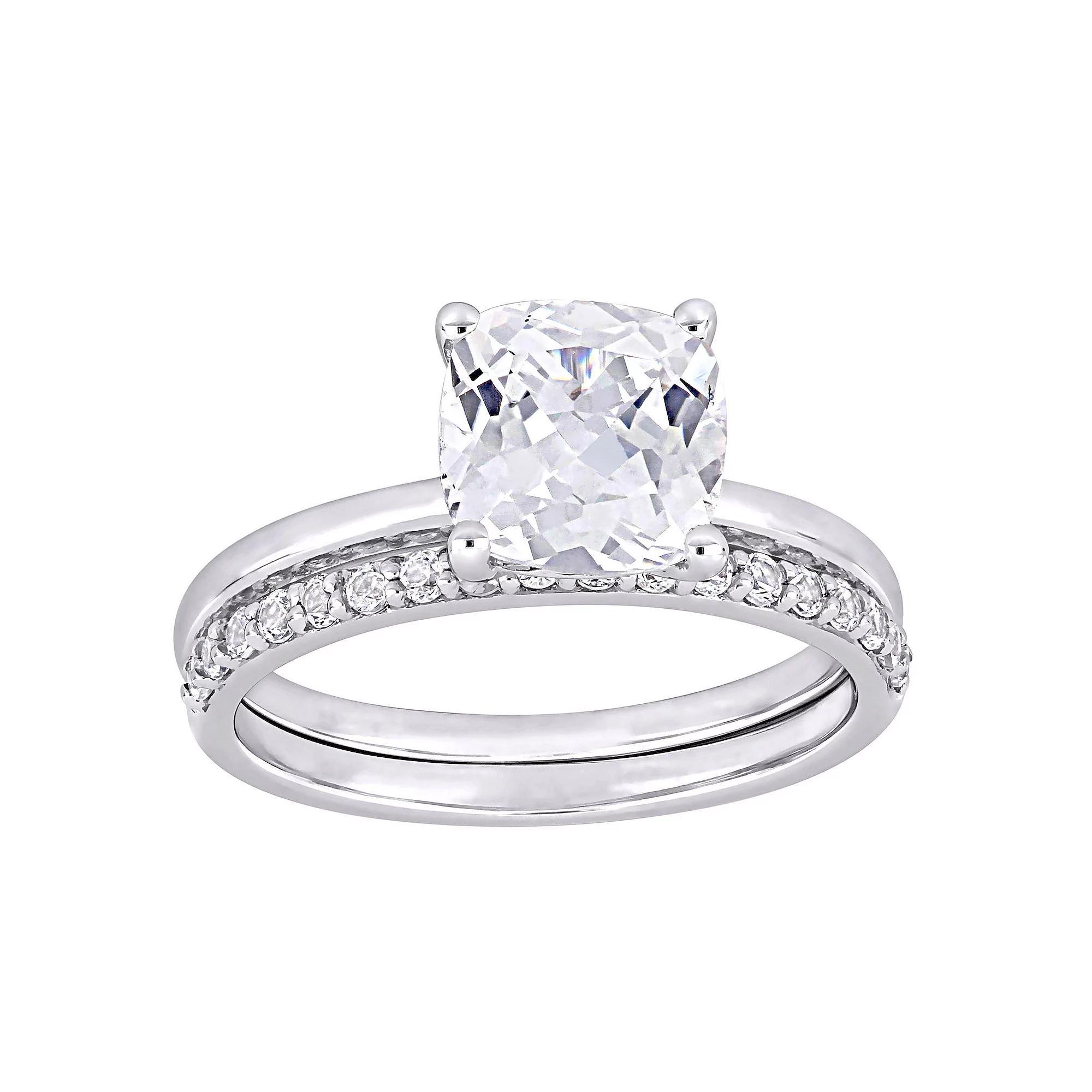 Stella Grace 10K White Gold Lab-Created White Sapphire Cushion Cut Bridal Ring Set, Women's, Size: 10.50 Product Image