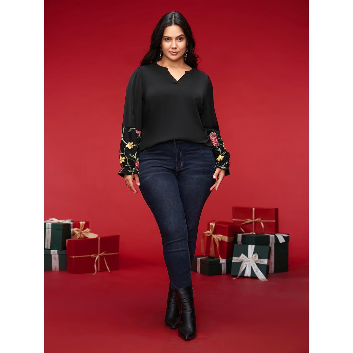Plus Size Black Mesh Floral Embroidered Sleeve Blouse Women Elegant Long Sleeve Notched collar Everyday Blouses BloomChic 14-16/1X Product Image