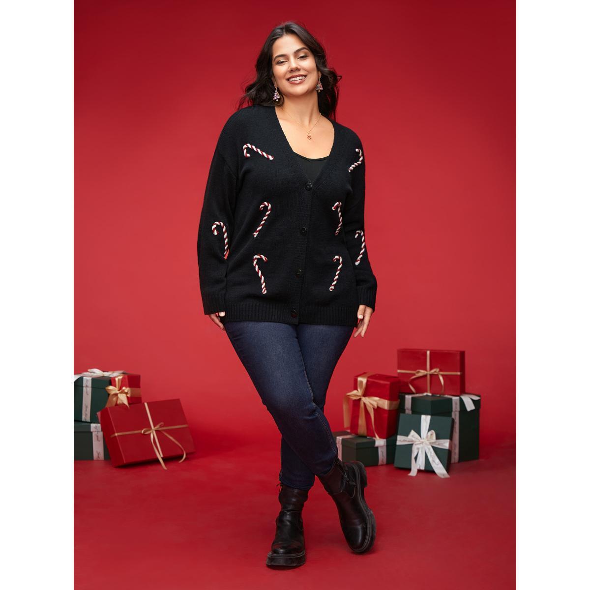 Plus Size Hand Crocheted Candy Cane V-neck Cardigan Black Women Casual Loose Long Sleeve Everyday Cardigans BloomChic 12/L Product Image