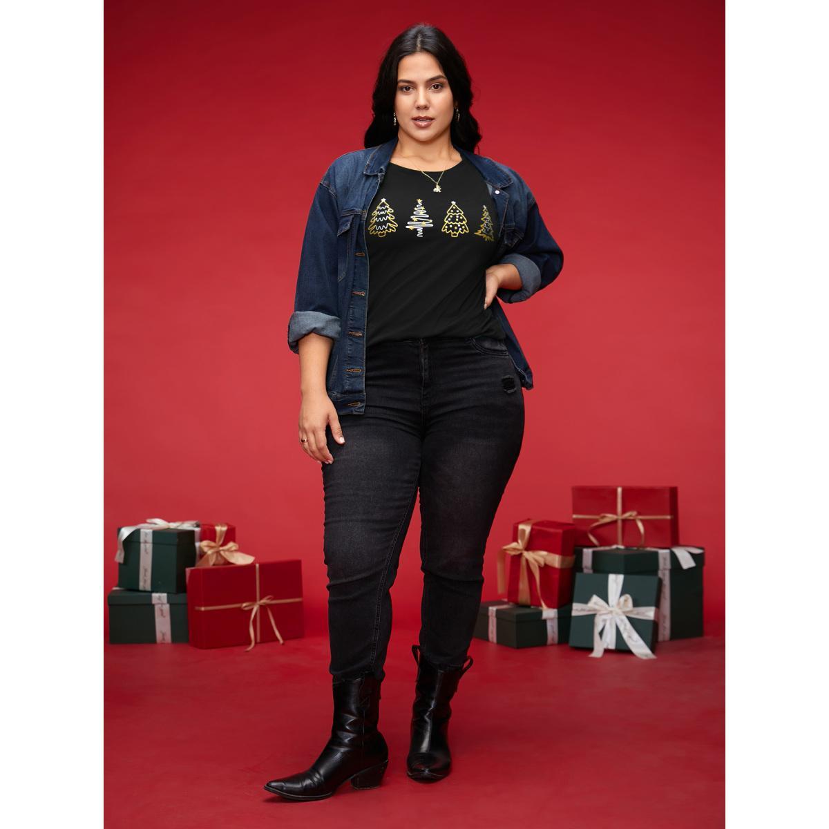 Plus Size Shimmering Trees Half Sleeves Slim-Fit Tee Black Women Casual Non Christmas Round Neck Everyday T-shirts BloomChic 10/M Product Image