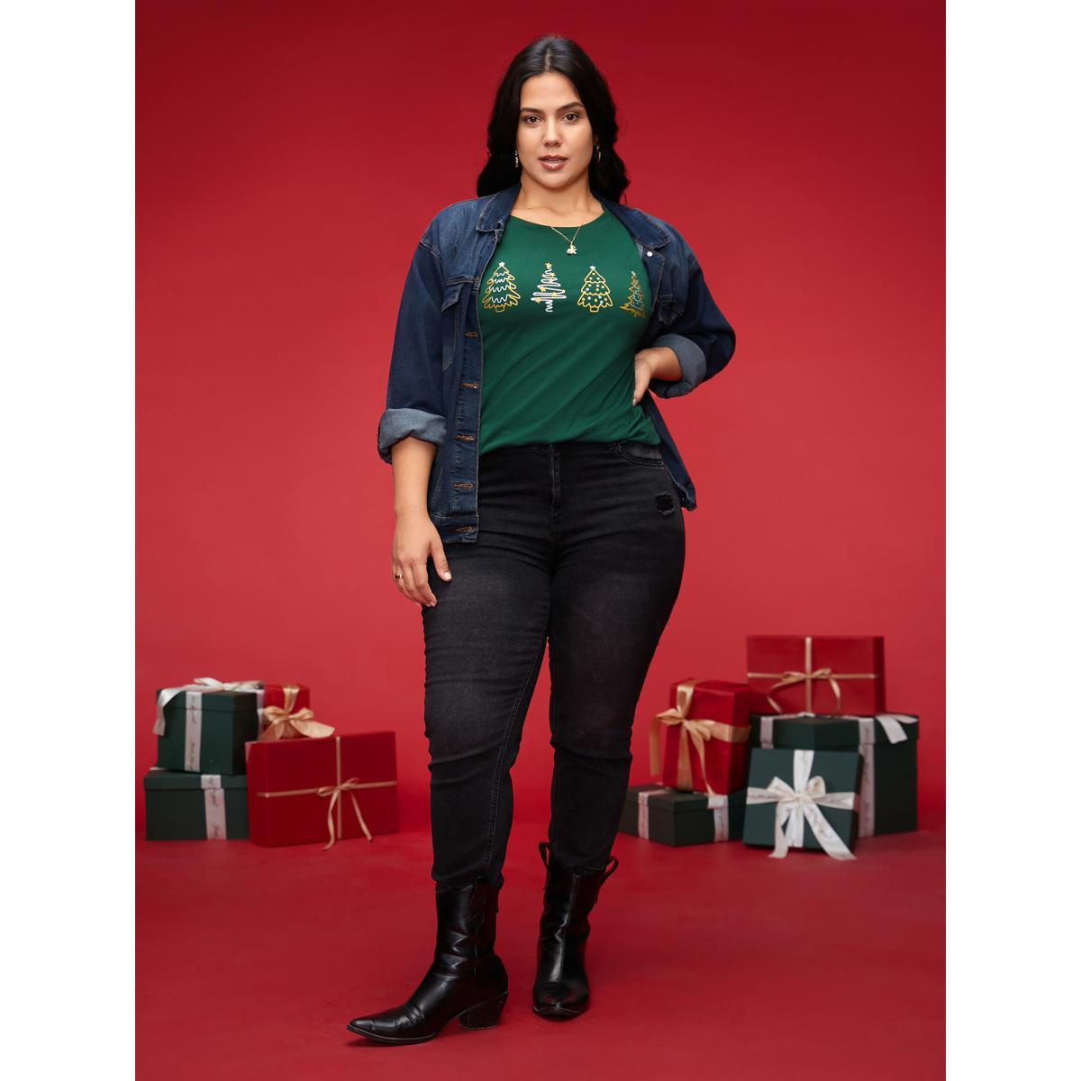 Plus Size Shimmering Trees Half Sleeves Slim-Fit Tee DarkGreen Women Casual Non Christmas Round Neck Everyday T-shirts BloomChic 18-20/2X Product Image
