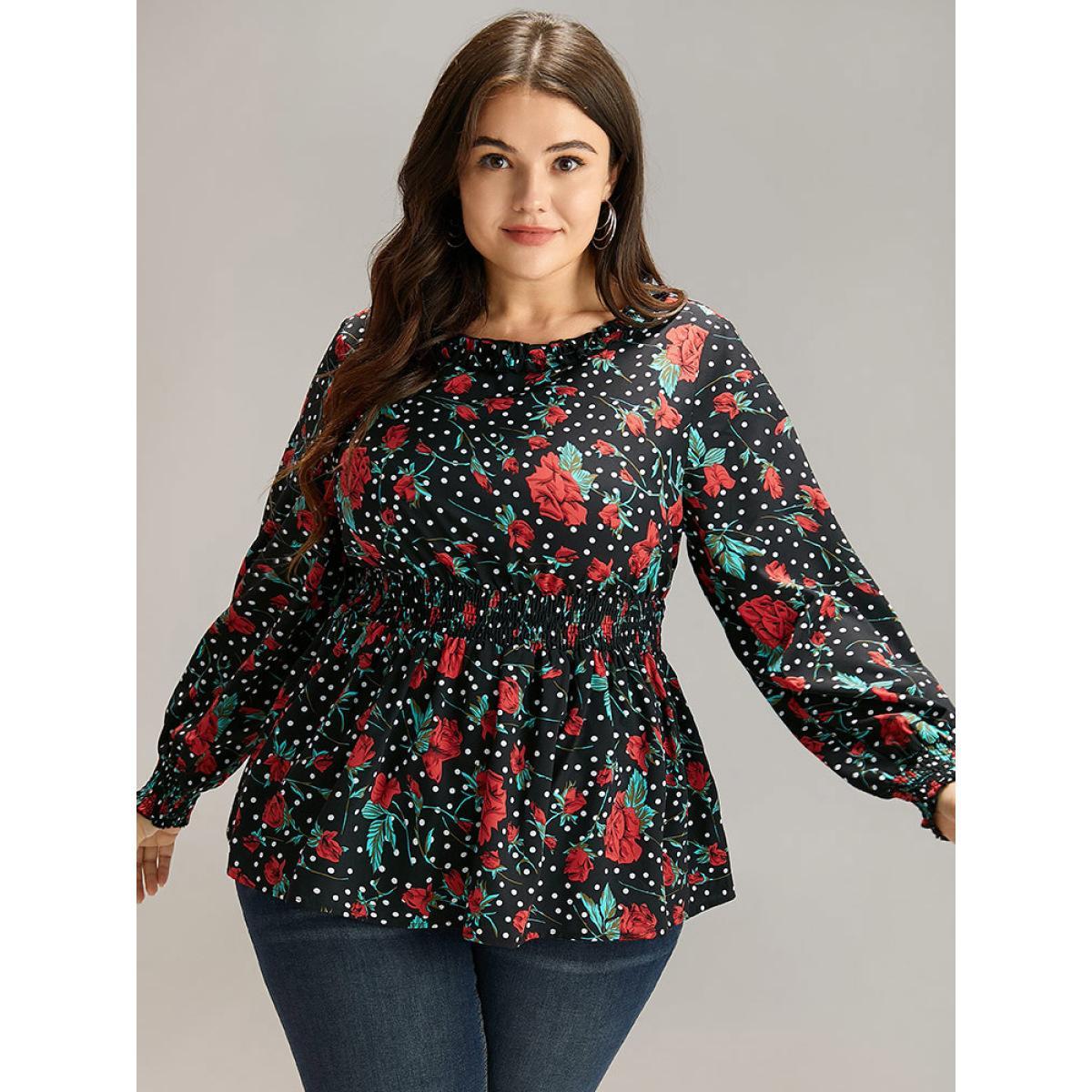 Plus Size BlackFlower Rose Print Shirred Frill Trim Lantern Sleeve Blouse Women Elegant Long Sleeve Round Neck Dailywear Blouses BloomChic 14-16/1X Product Image
