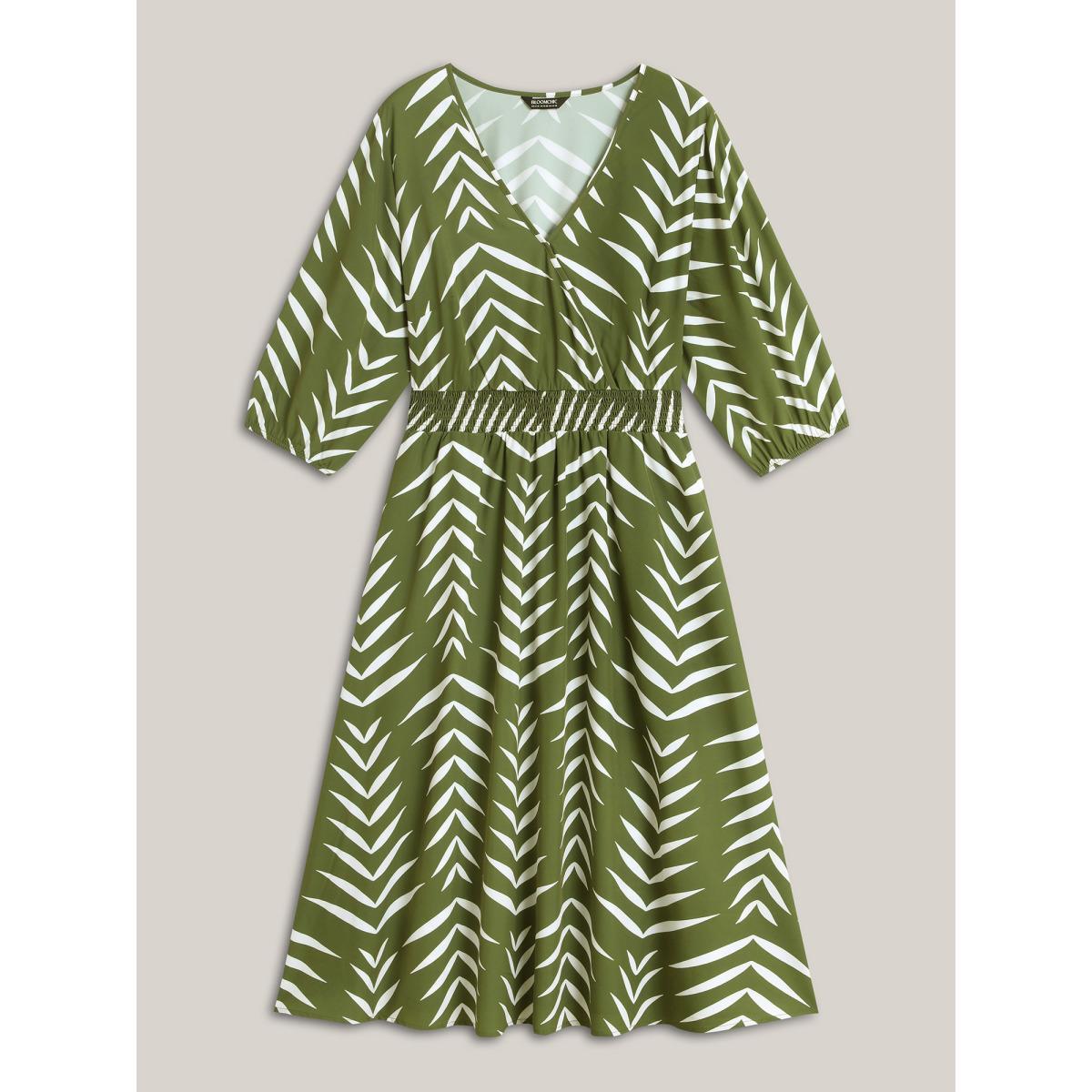 Plus Size Tree Print Wrap Shirred Pockets Midi Dress Olive Women Shirred Overlap Collar Elbow-length sleeve Curvy BloomChic 26/4X Product Image