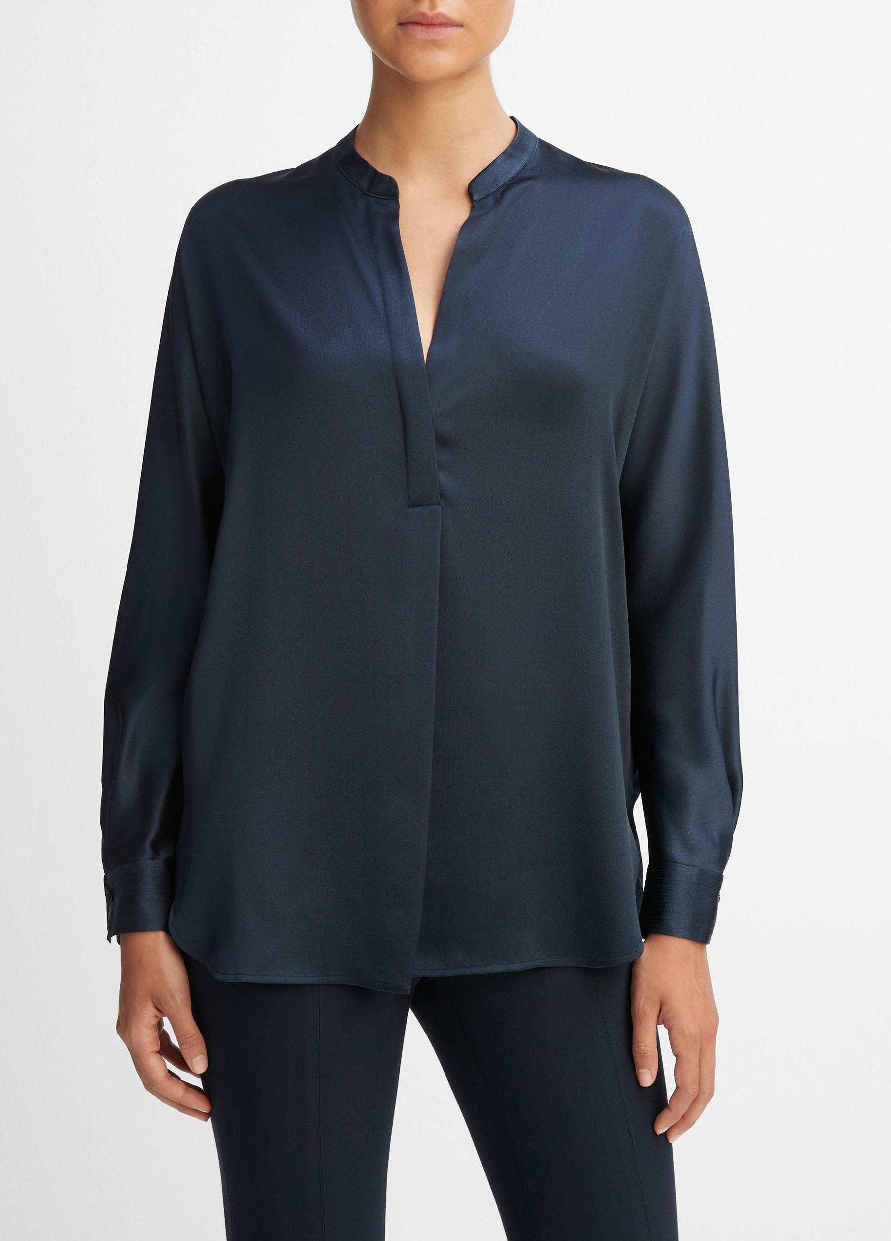 Womens Silk Satin Band-Collar Blouse, Coastal Blue, Size XXS Vince Product Image