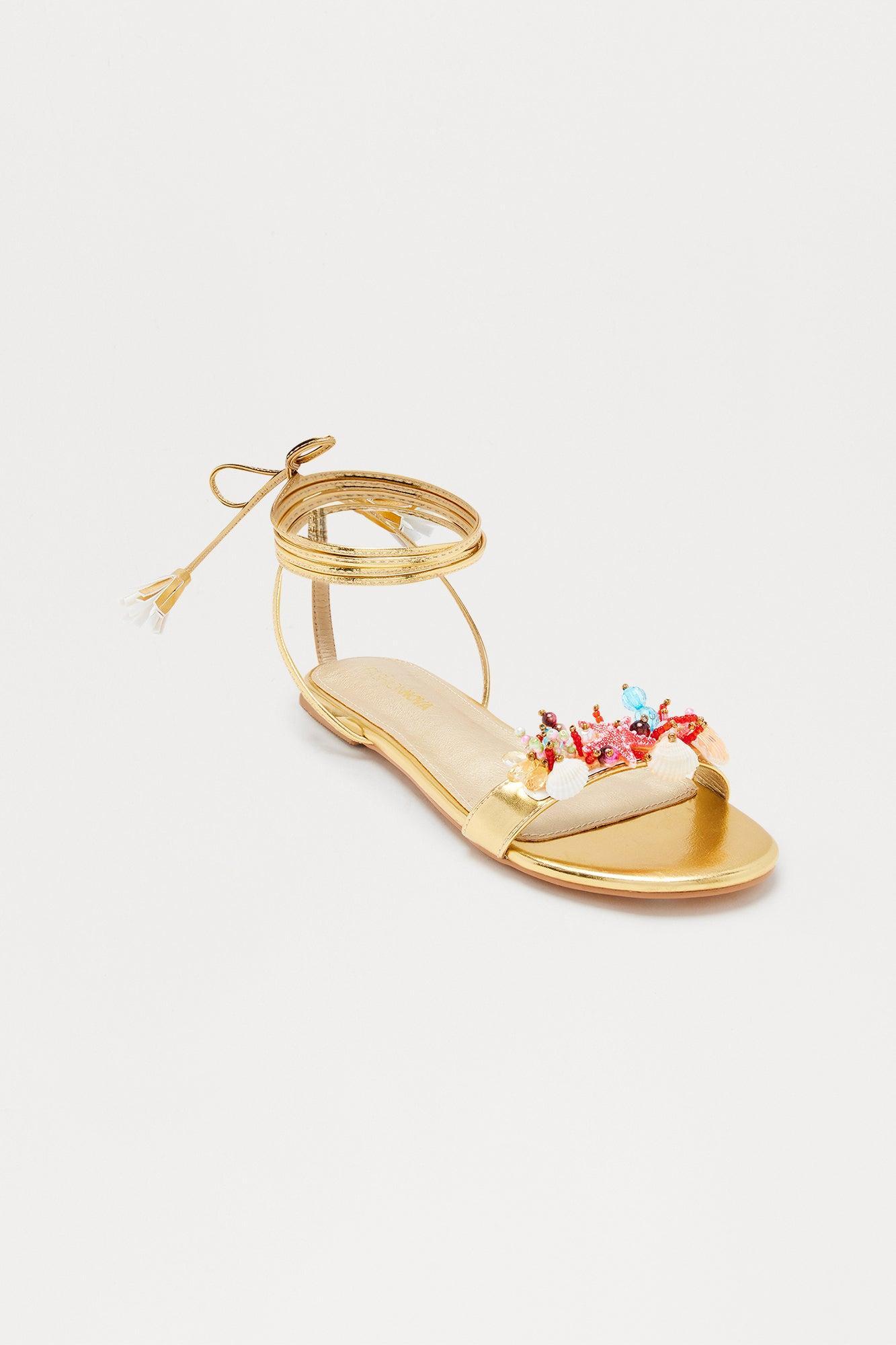 Sea Beaded Wrap Up Sandals - Gold Product Image