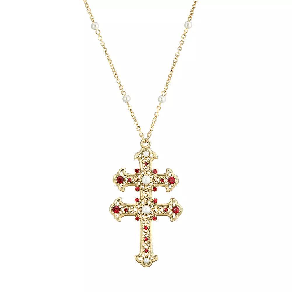 1928 Gold Tone Simulated Pearl & Simulated Crystal Double Cross Pendant Necklace, Womens, Red Product Image