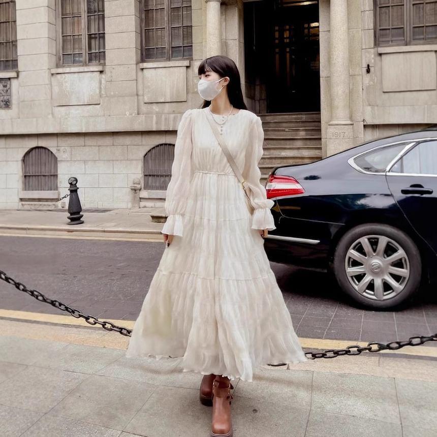Long-Sleeve Henley Plain Tiered Midi A-Line Dress Product Image