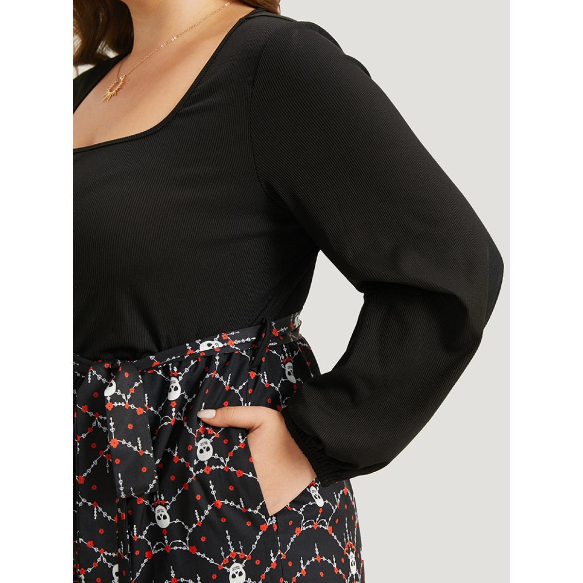 Plus Size Black Halloween Skull Print Patchwork Belted Jumpsuit Women Elegant Long Sleeve Square Neck Festival-Halloween Loose Jumpsuits BloomChic 28/5X Product Image