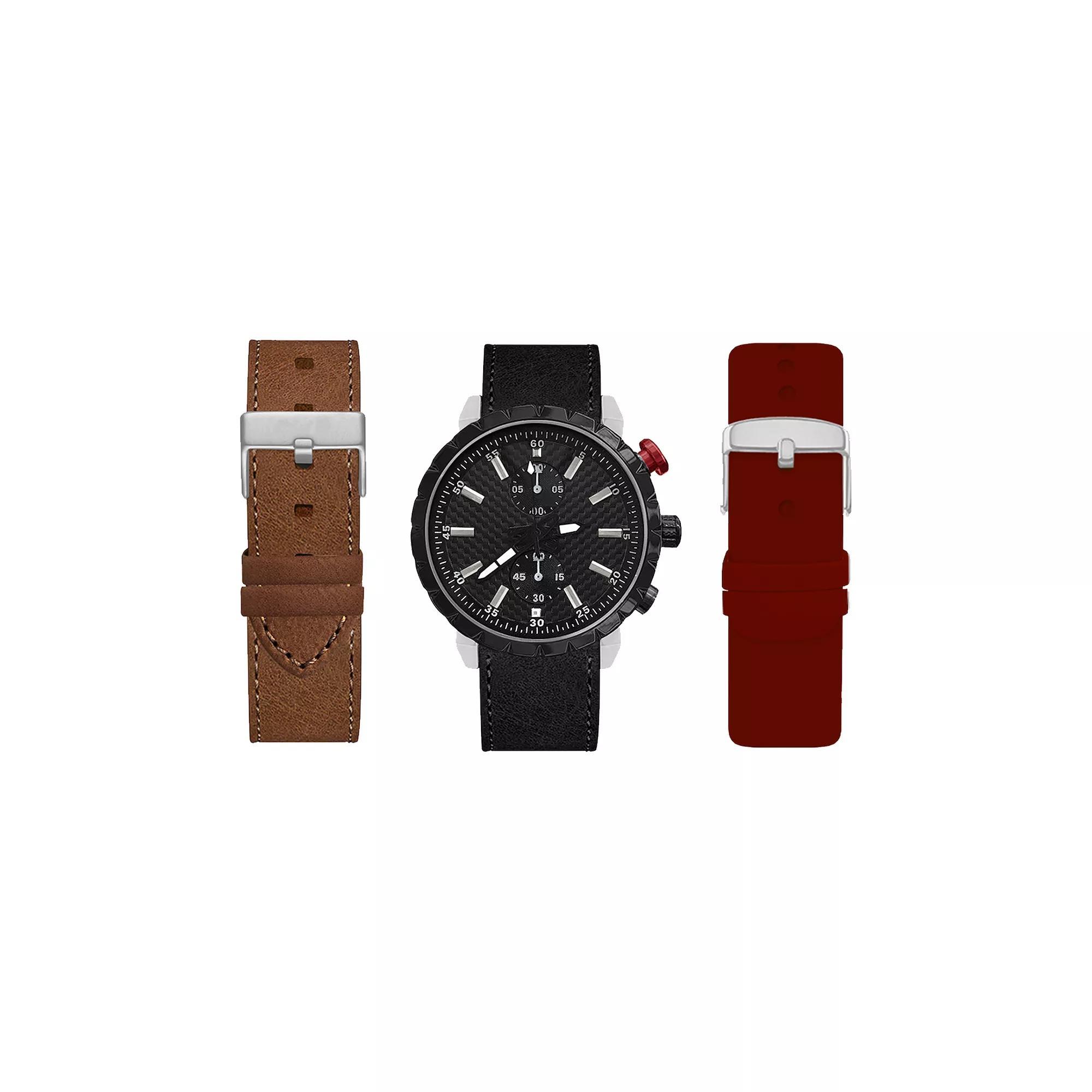 American Exchange Men's Black Watch with Burgundy, Brown & Black Interchangeable Straps, Size: Large, Multi Product Image