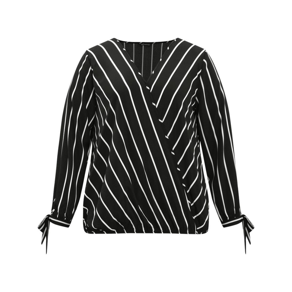 Plus Size Black Striped Bowknot Cuffs Surplice Neck Blouse Women Office Long Sleeve Overlap Collar Work Blouses BloomChic 12/L Product Image
