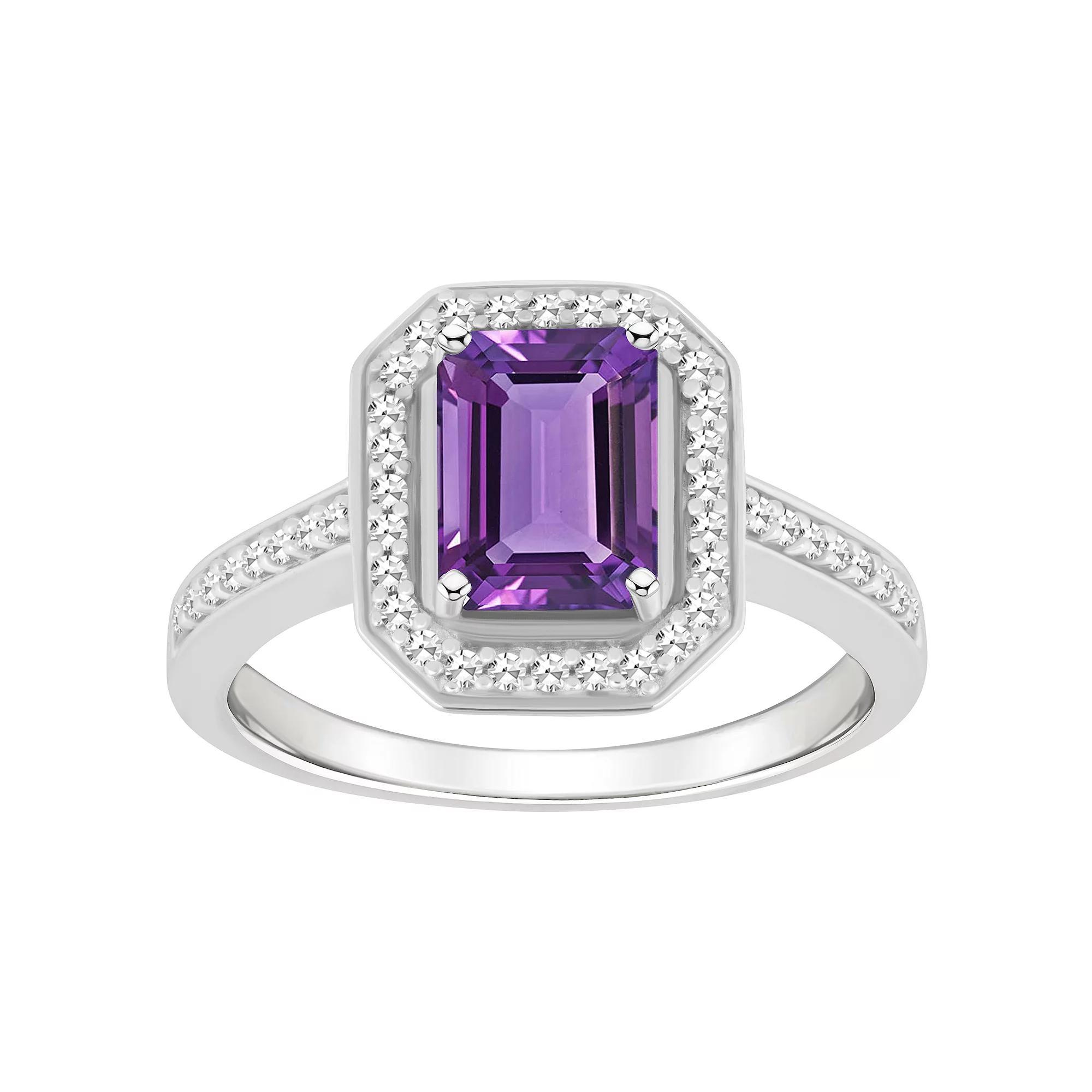 Celebration Gems Sterling Silver 8 mm x 6 mm Emerald Cut Gemstone & 1/5 Carat T.W. Diamond Halo Ring, Women's, Purple Product Image