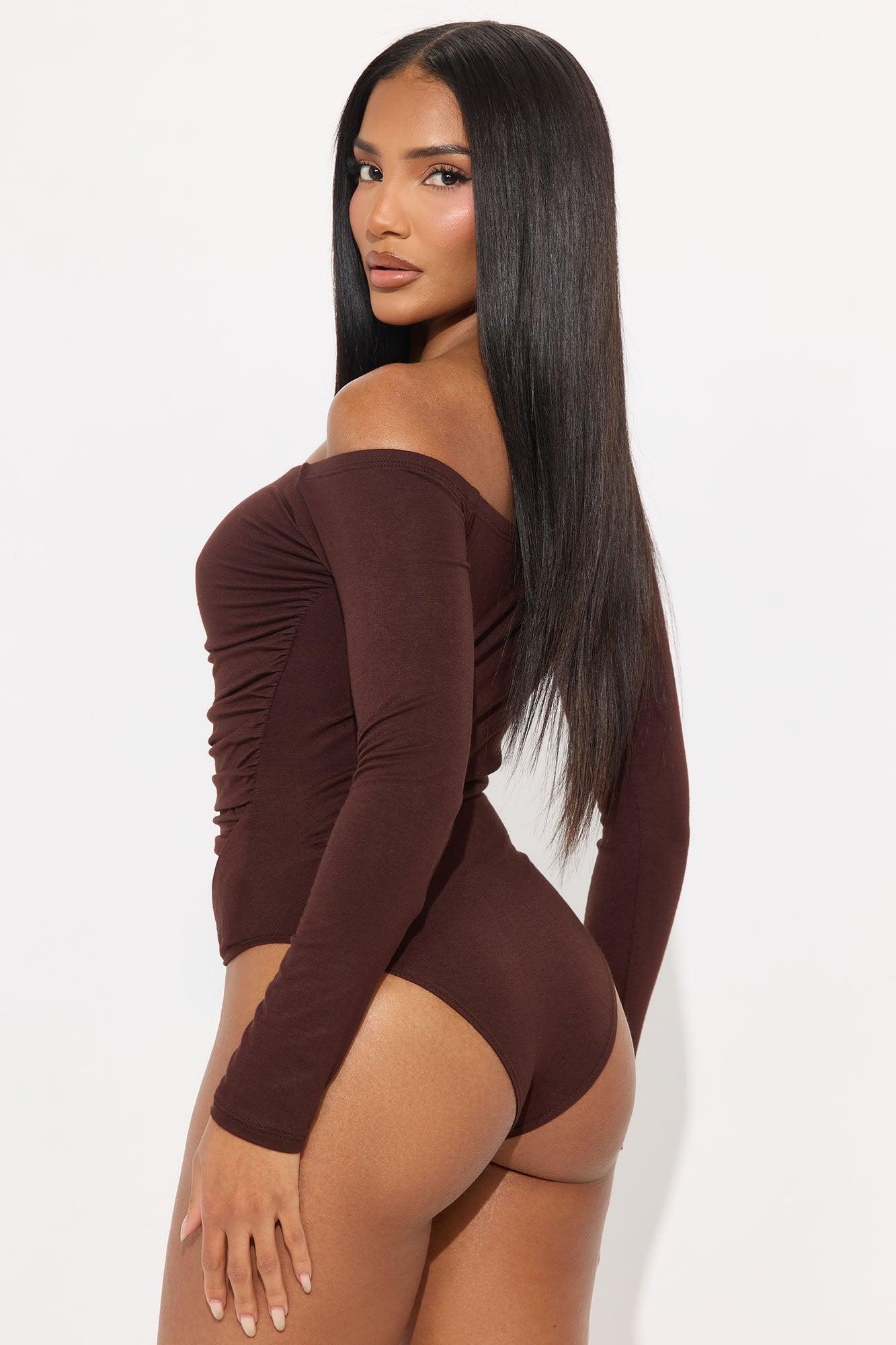 Gilda Off Shoulder Long Sleeve Bodysuit - Brown Product Image