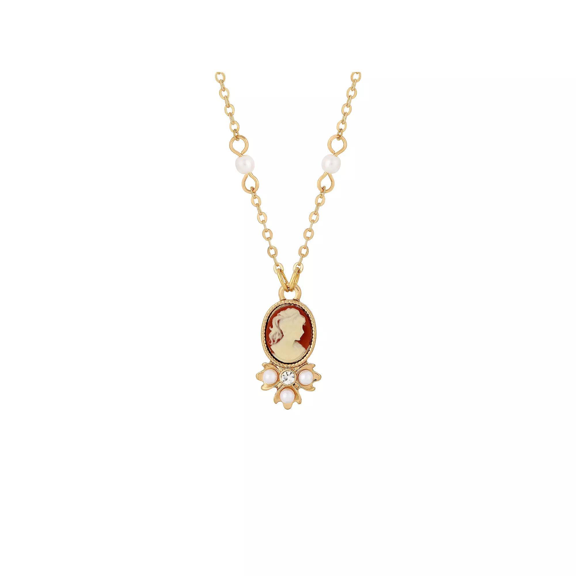 1928 Gold Tone Crystal & Simulated Pearl Oval Cameo Necklace, Womens, Orange Product Image