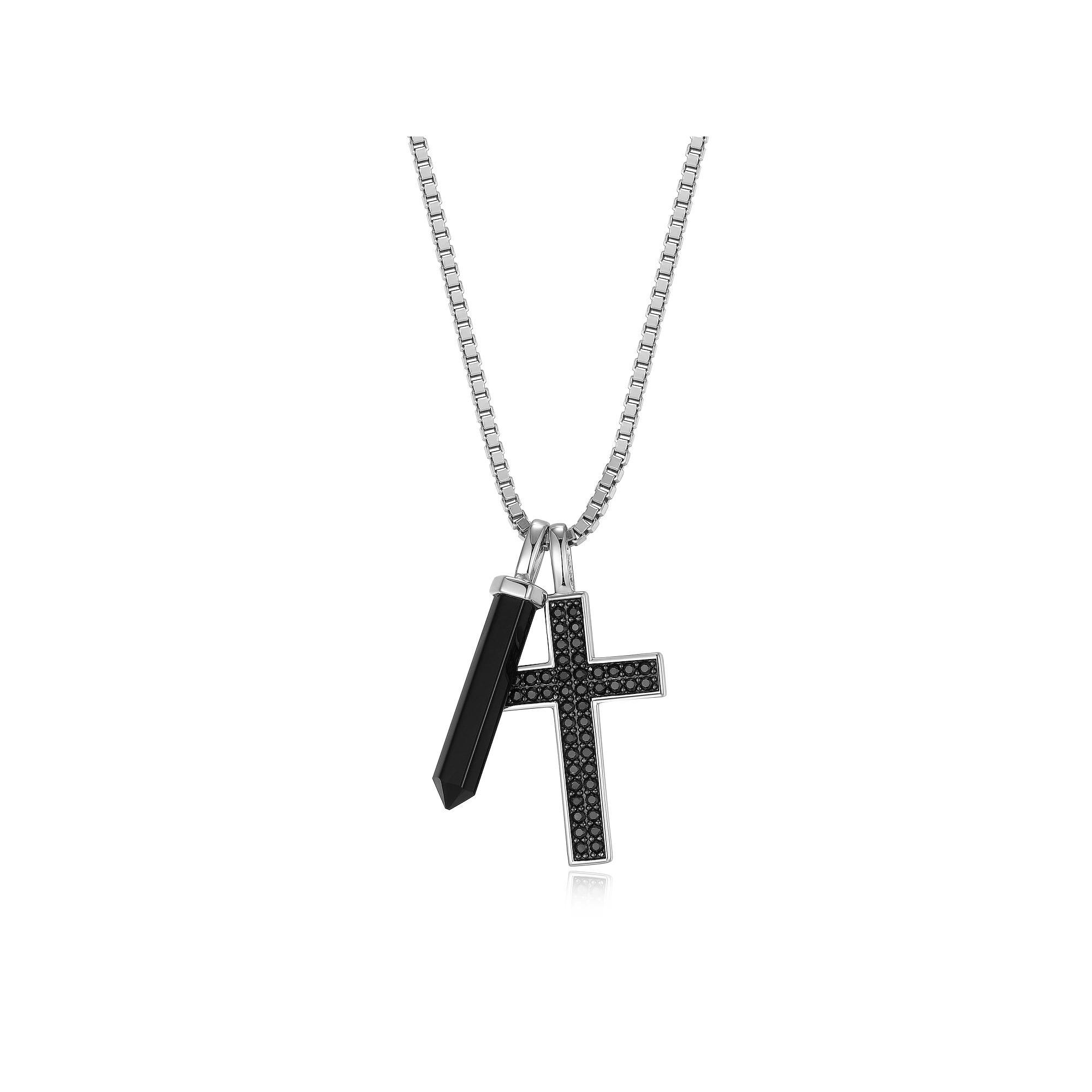 Rhodium Plated Gunmetal Sterling Silver Black Onyx & Black Sapphire Cross Pendant Necklace, Men's, Size: 22" Product Image