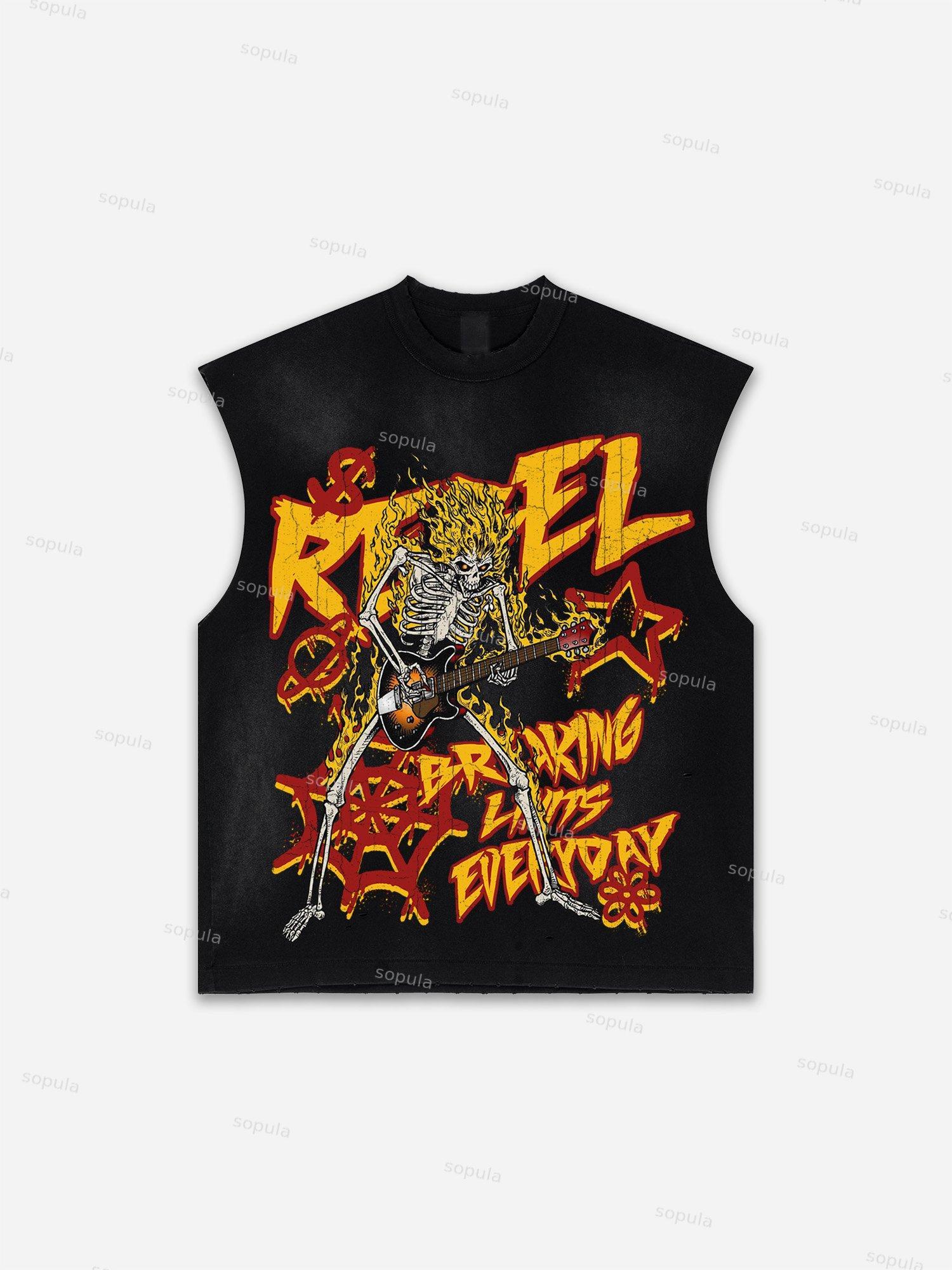 Flame Skull Graffiti Print Distressed Tank Top Product Image