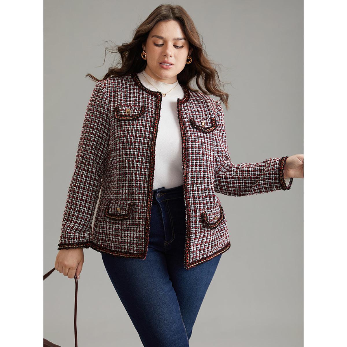 Plus Size Coarse Tweed Gingham Plisse Flap Pocket Blazer Women Scarlet Office Texture Ladies Work Winter Coats BloomChic 14-16/1X Product Image