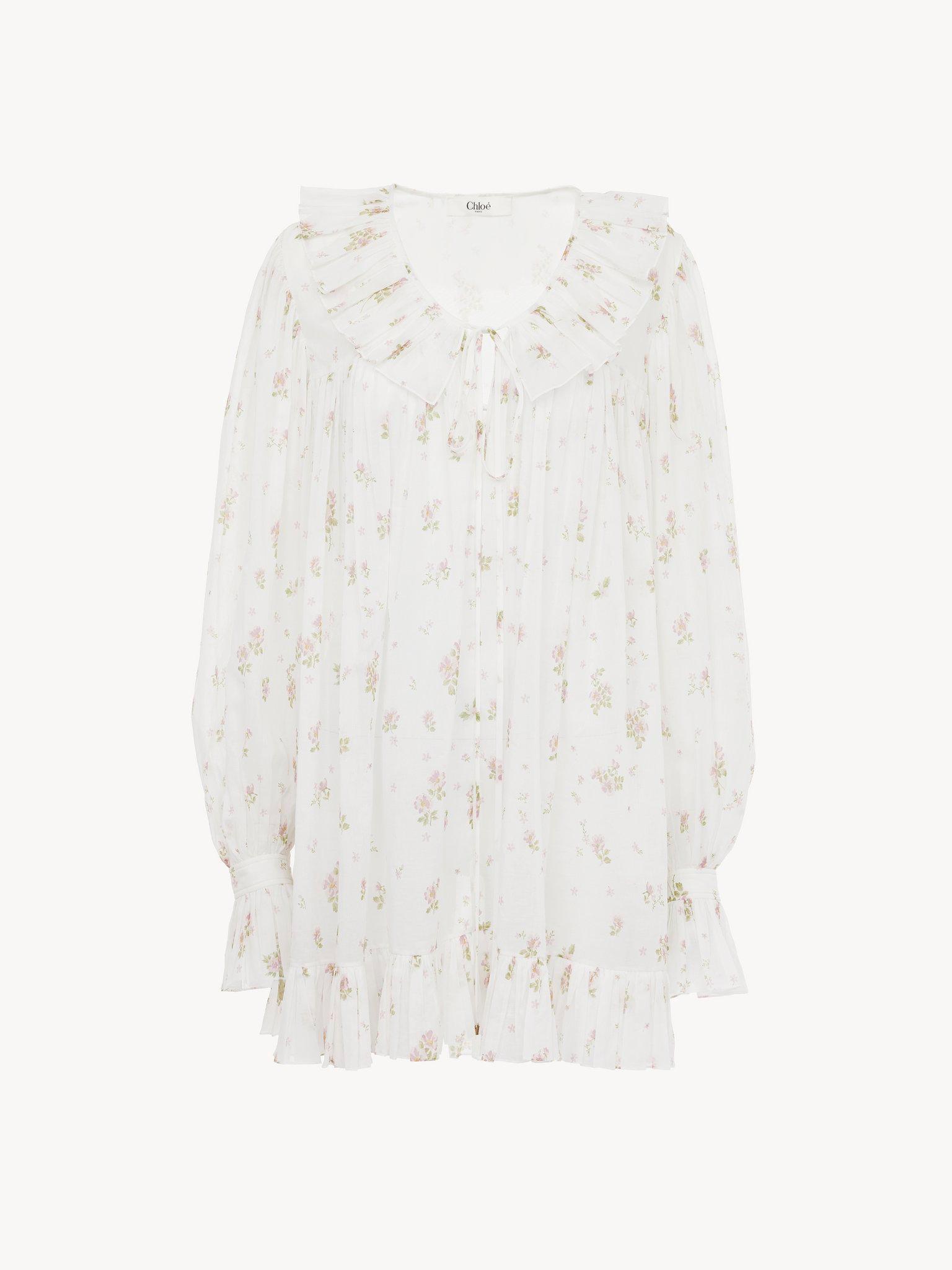 Gathered long-sleeve mini dress in cotton voile Product Image